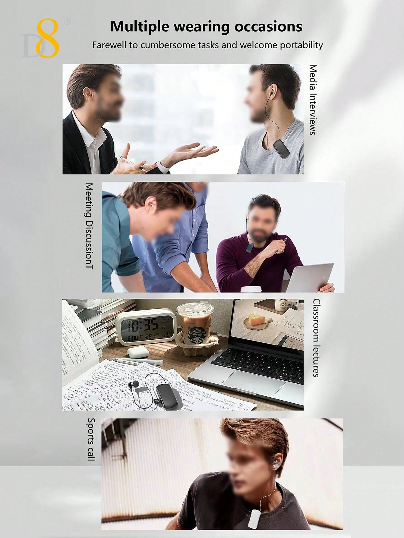 D8 Retractable Wireless Headset, V5.3 Noise Cancelling, 12Hrs Talk Time