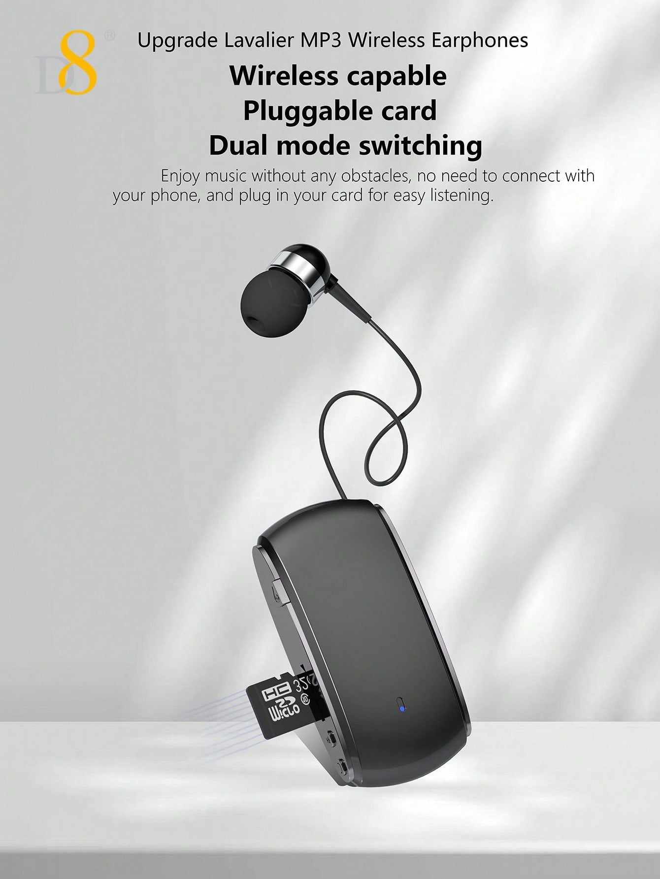 D8 Retractable Wireless Headset, V5.3 Noise Cancelling, 12Hrs Talk Time