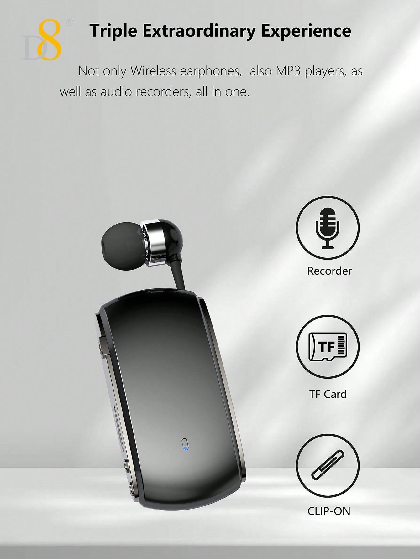 D8 Retractable Wireless Headset, V5.3 Noise Cancelling, 12Hrs Talk Time