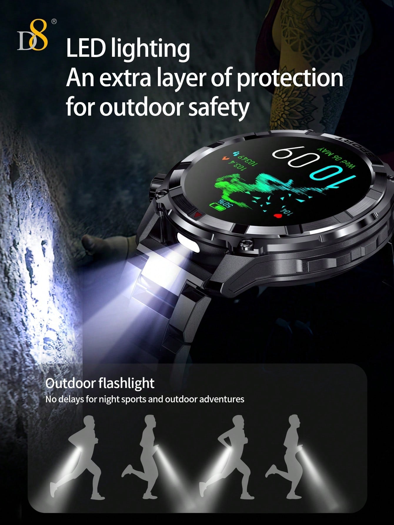 D8 Men's Smartwatch, 1.52" HD, Calls, LED Flashlight, IP68, 100+ Sports Modes