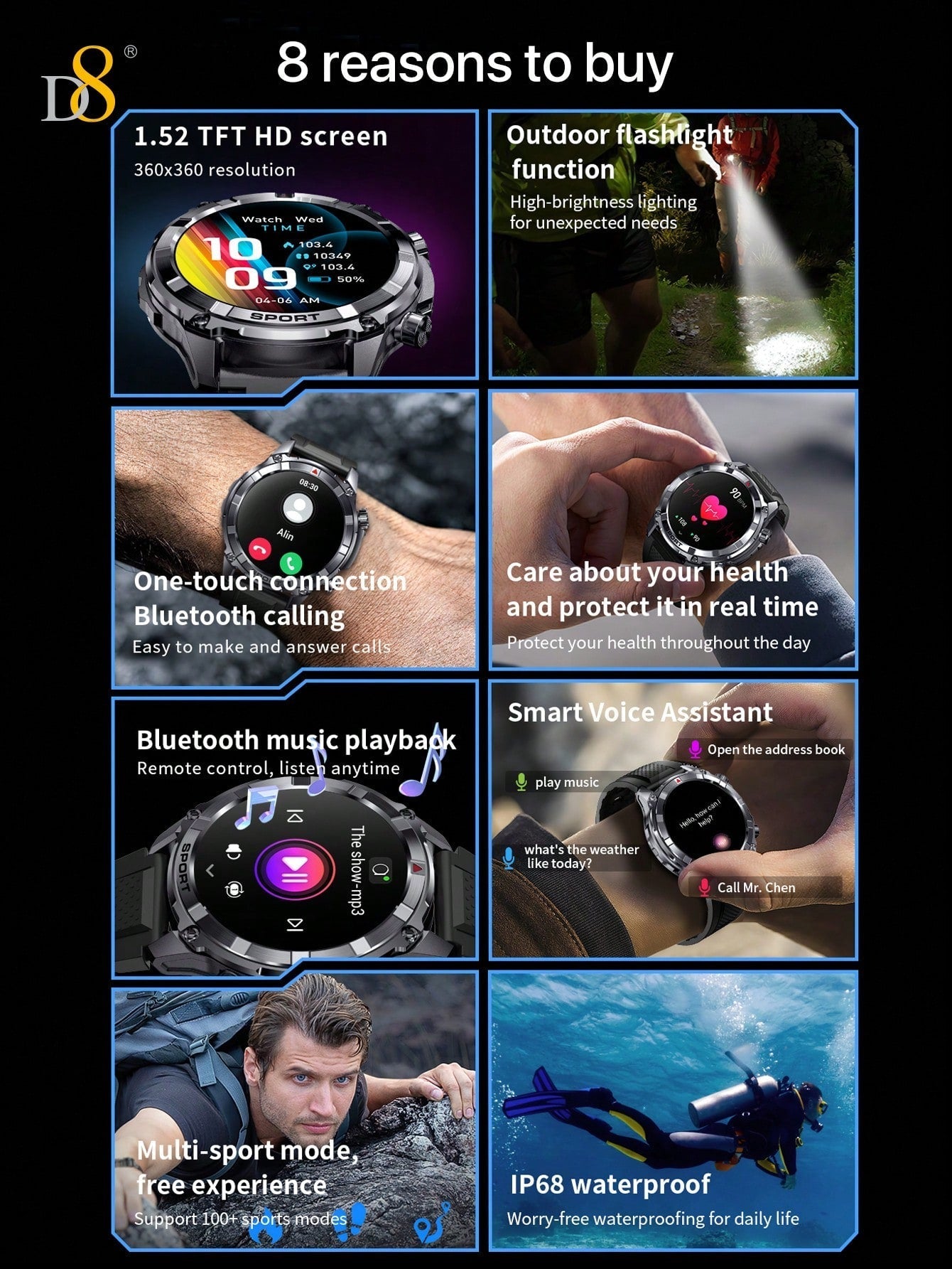 D8 Men's Smartwatch, 1.52" HD, Calls, LED Flashlight, IP68, 100+ Sports Modes