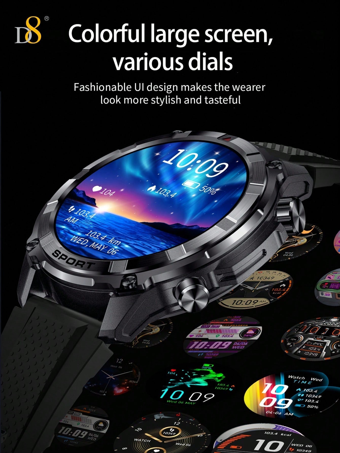 D8 Men's Smartwatch, 1.52" HD, Calls, LED Flashlight, IP68, 100+ Sports Modes