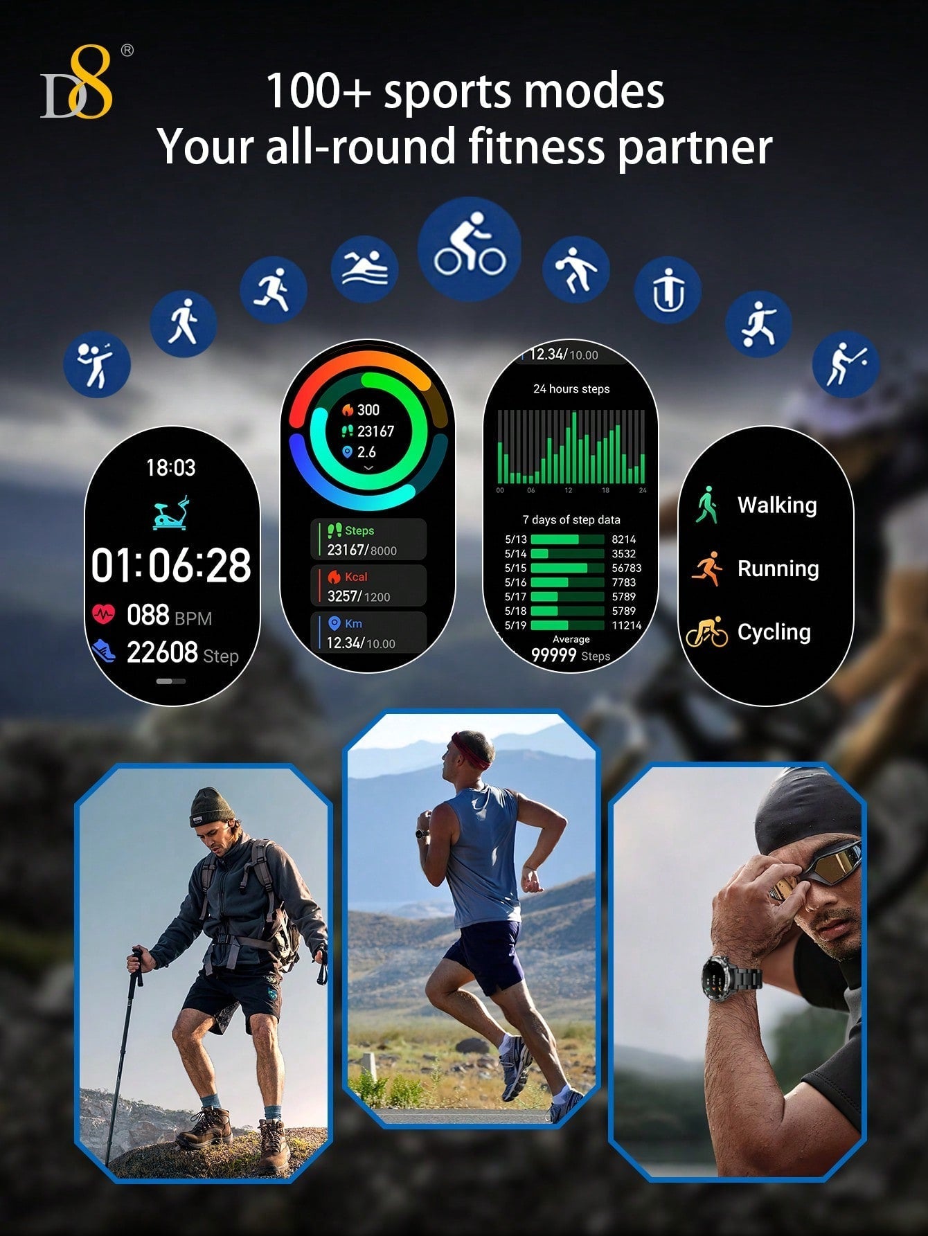 D8 Men's Smartwatch, 1.52" HD, Calls, LED Flashlight, IP68, 100+ Sports Modes