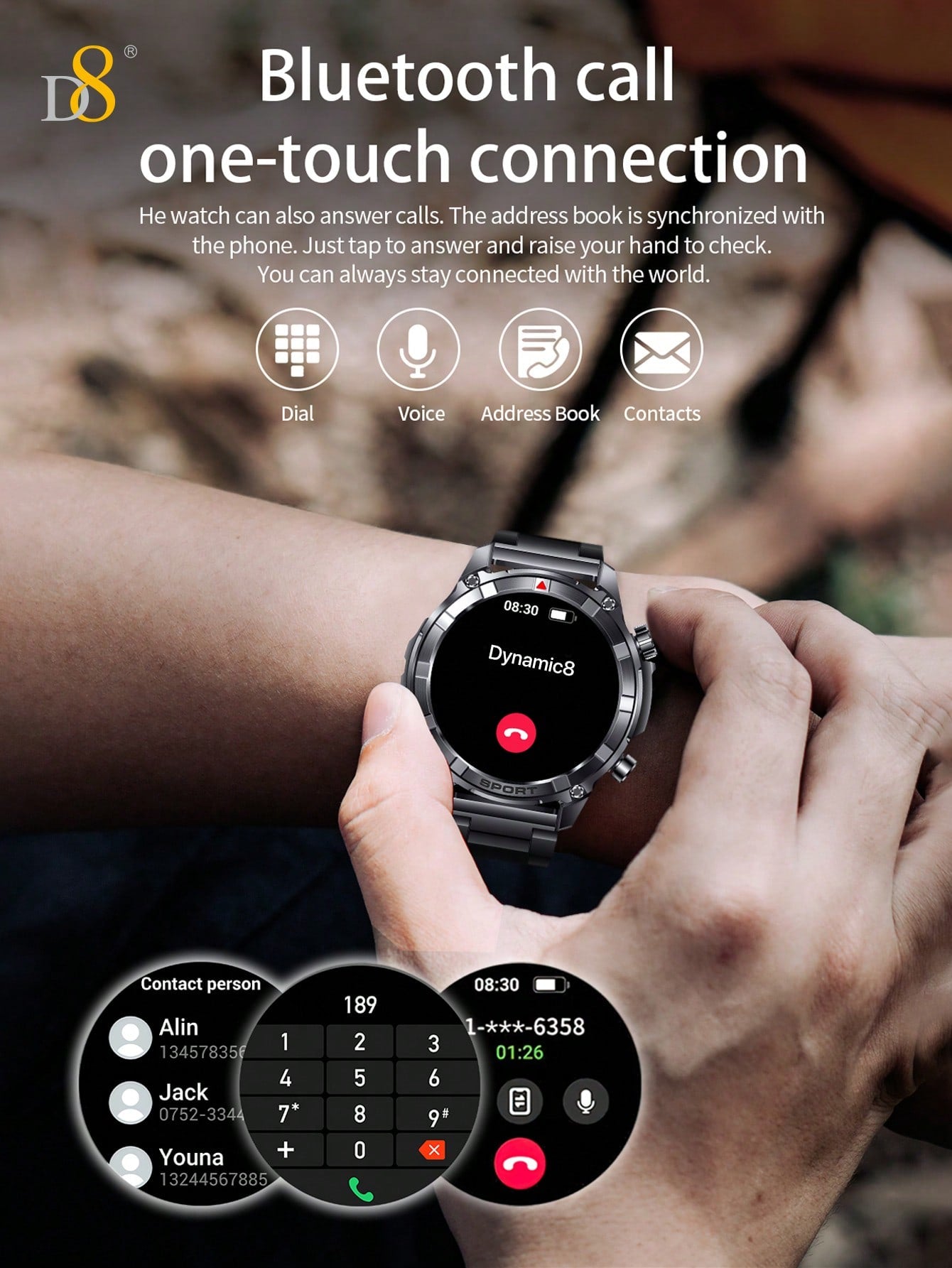 D8 Men's Smartwatch, 1.52" HD, Calls, LED Flashlight, IP68, 100+ Sports Modes
