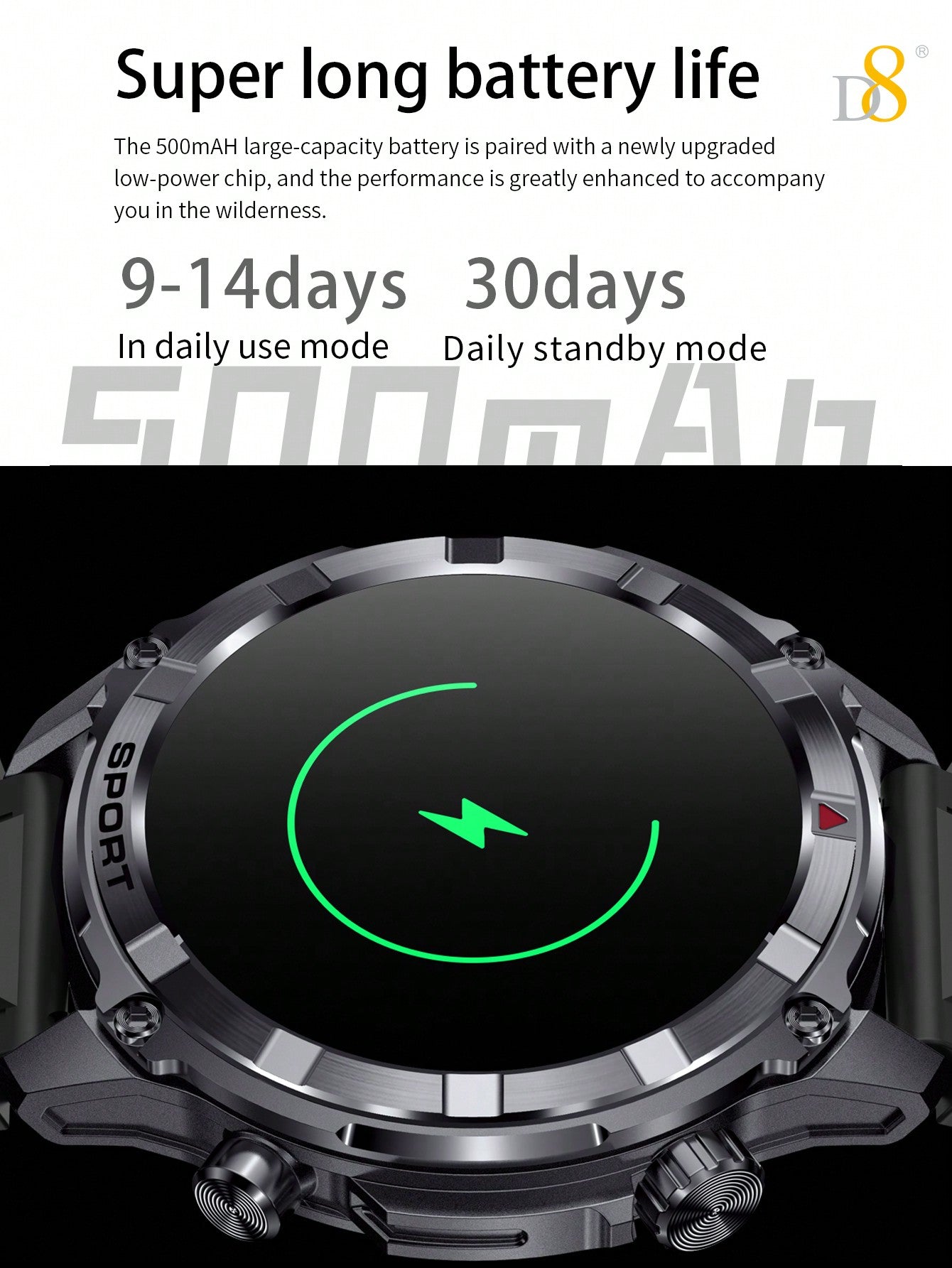 D8 Men's Smartwatch, 1.52" HD, Calls, LED Flashlight, IP68, 100+ Sports Modes