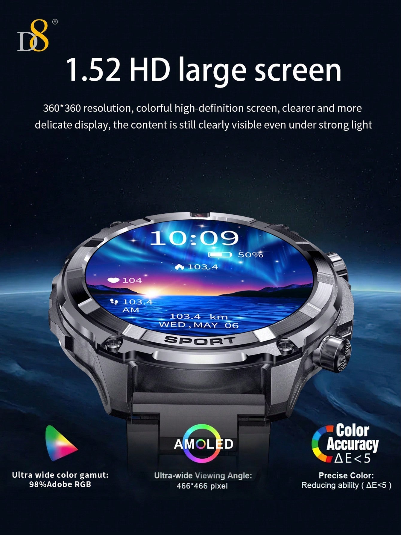 D8 Men's Smartwatch, 1.52" HD, Calls, LED Flashlight, IP68, 100+ Sports Modes