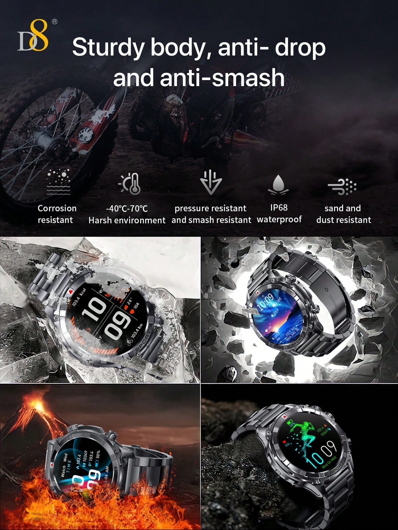 D8 Men's Smartwatch, 1.52" HD, Calls, LED Flashlight, IP68, 100+ Sports Modes