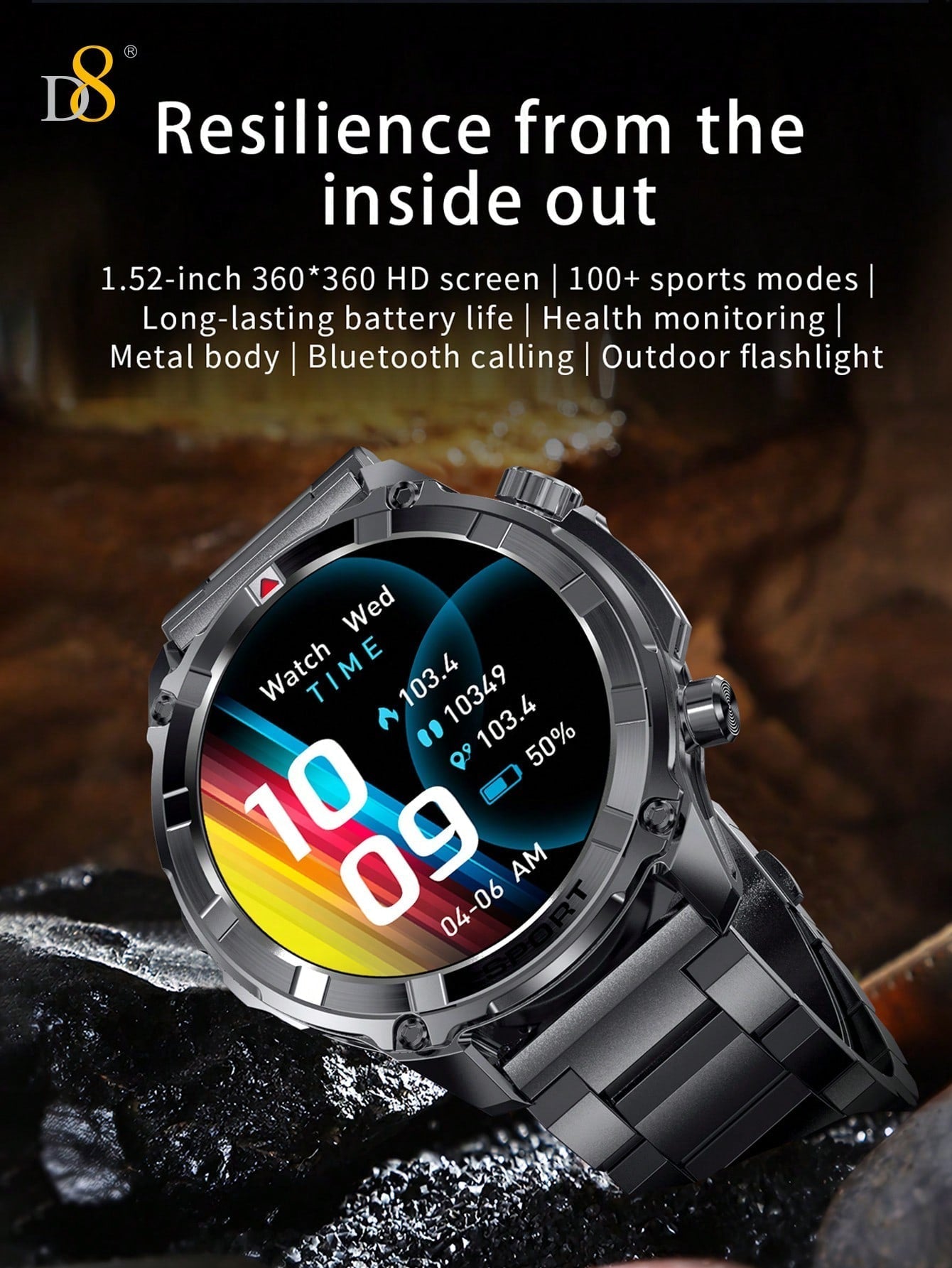 D8 Men's Smartwatch, 1.52" HD, Calls, LED Flashlight, IP68, 100+ Sports Modes