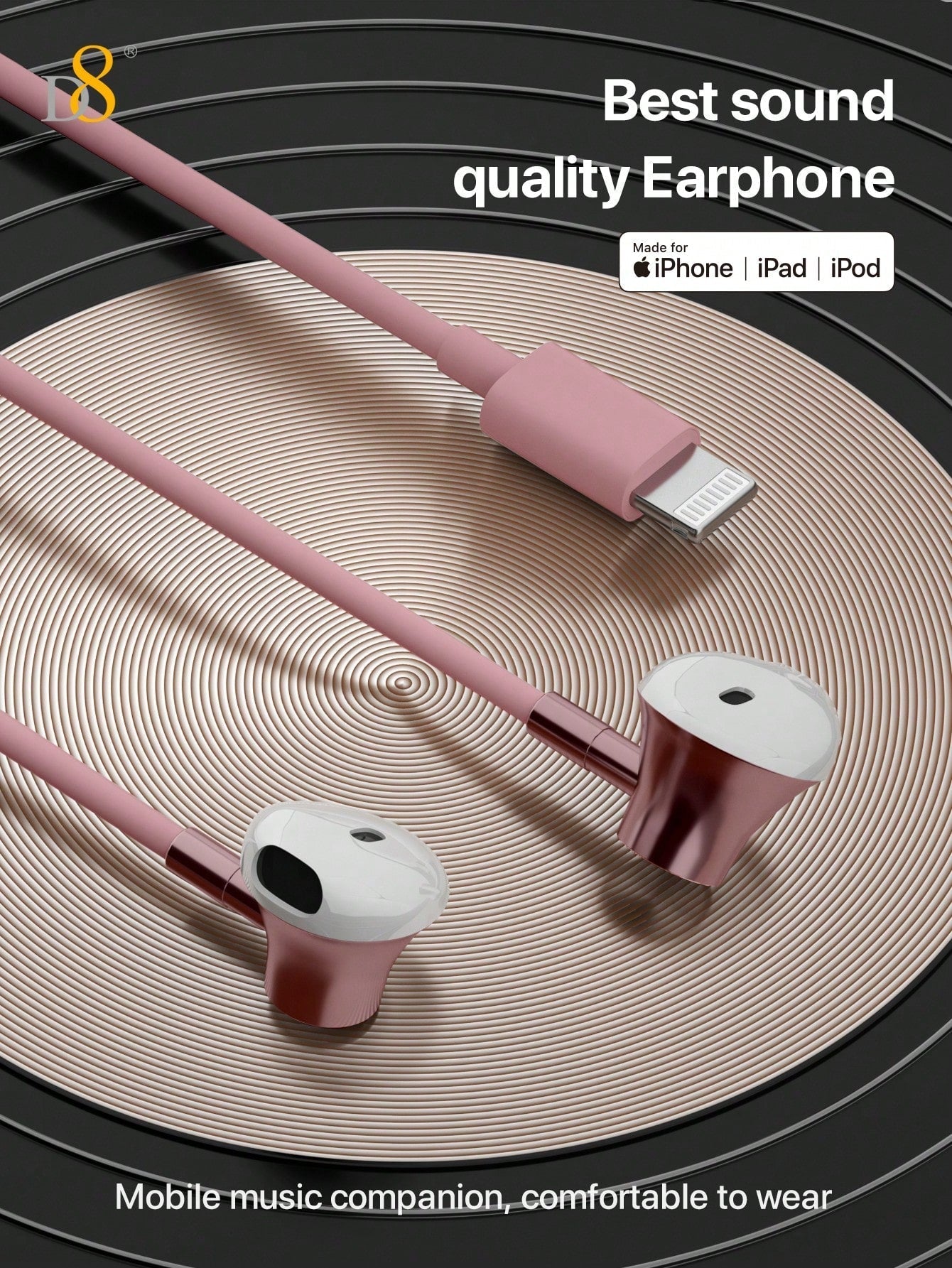 D8 Wired In-Ear Headphones with Lightning Connector – MFi Certified, Noise-Isolating, Mic & Volume Control