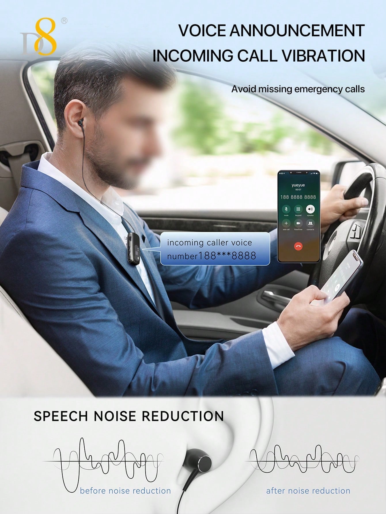 D8 Retractable Headset, LCD Display, Noise Cancelling, 20Hrs Hands-Free