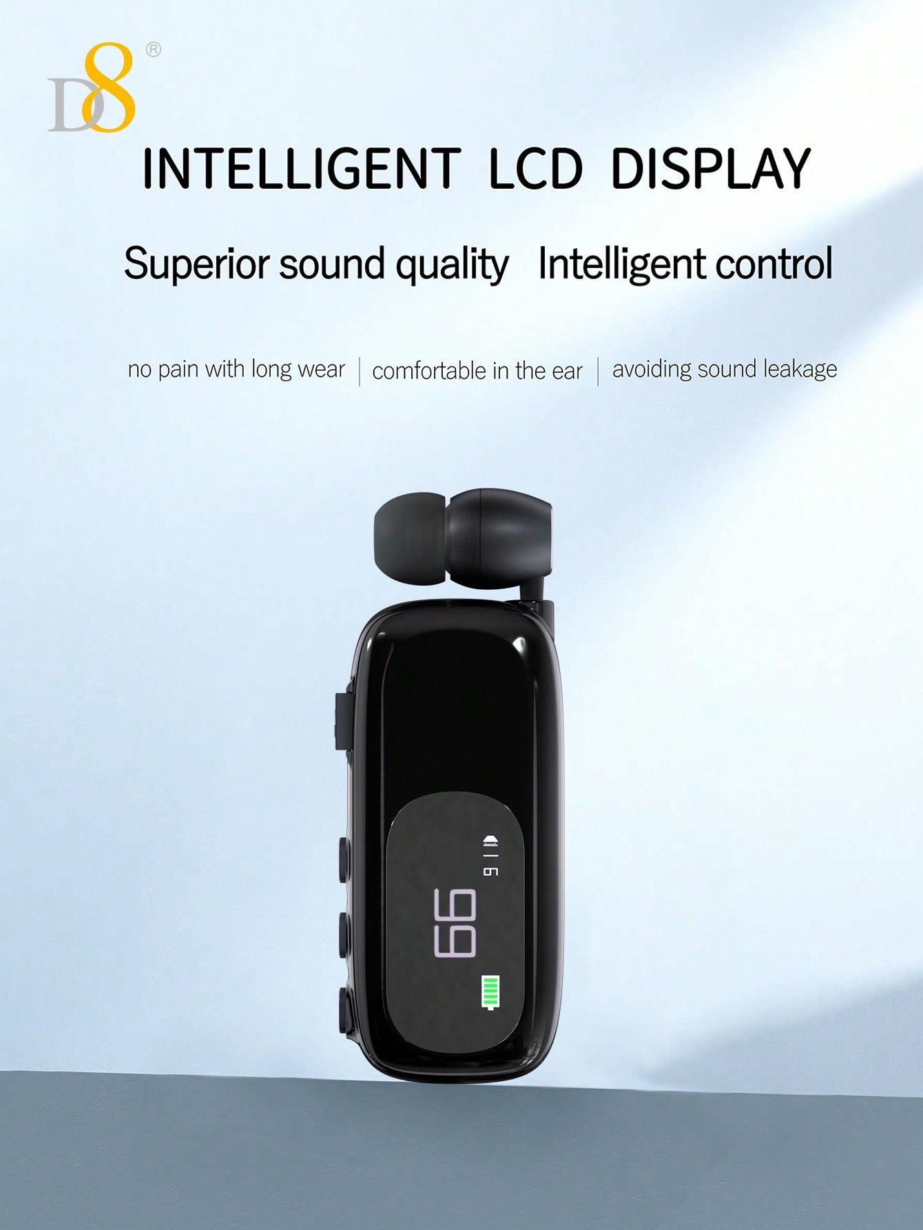D8 Retractable Headset, LCD Display, Noise Cancelling, 20Hrs Hands-Free