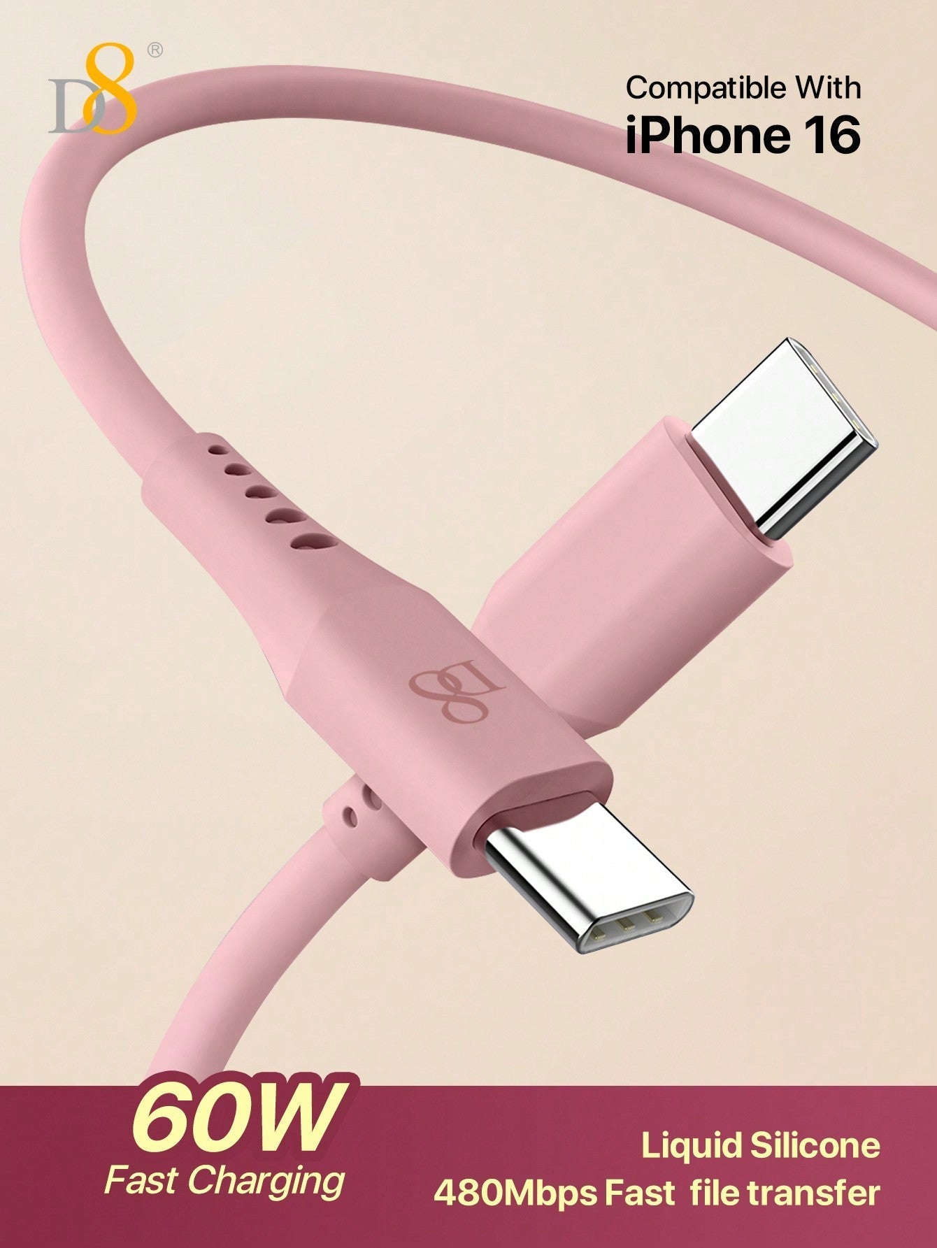D8 USB C To USB C Cable, Soft Silicone USB C Cord, (1M)USB 2.0 Type C Charger Cable 3A Fast Charging Compatible With Macbook