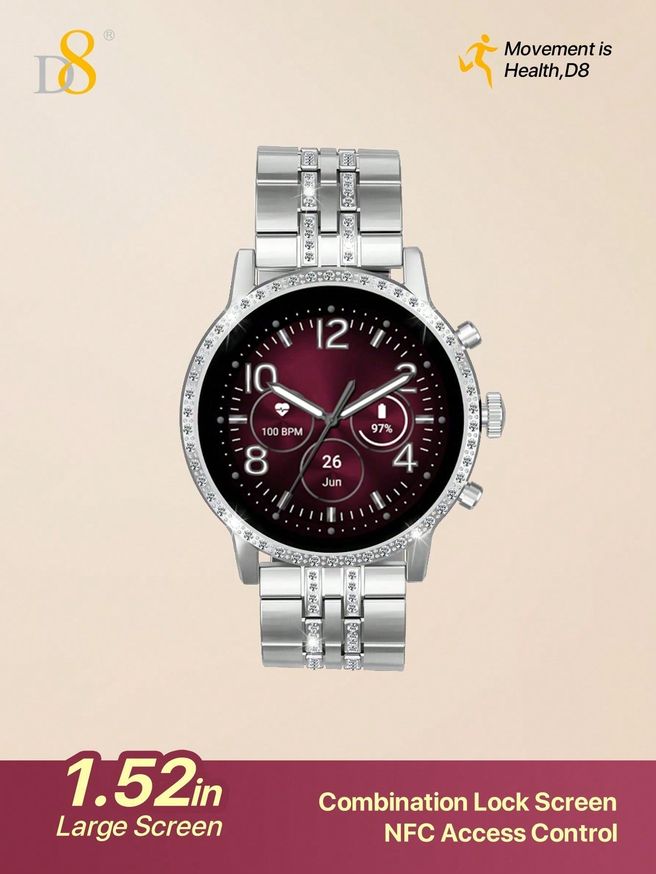 D8 Gold Smartwatch: 1.52” Touch Screen, Calls & Fitness Tracker