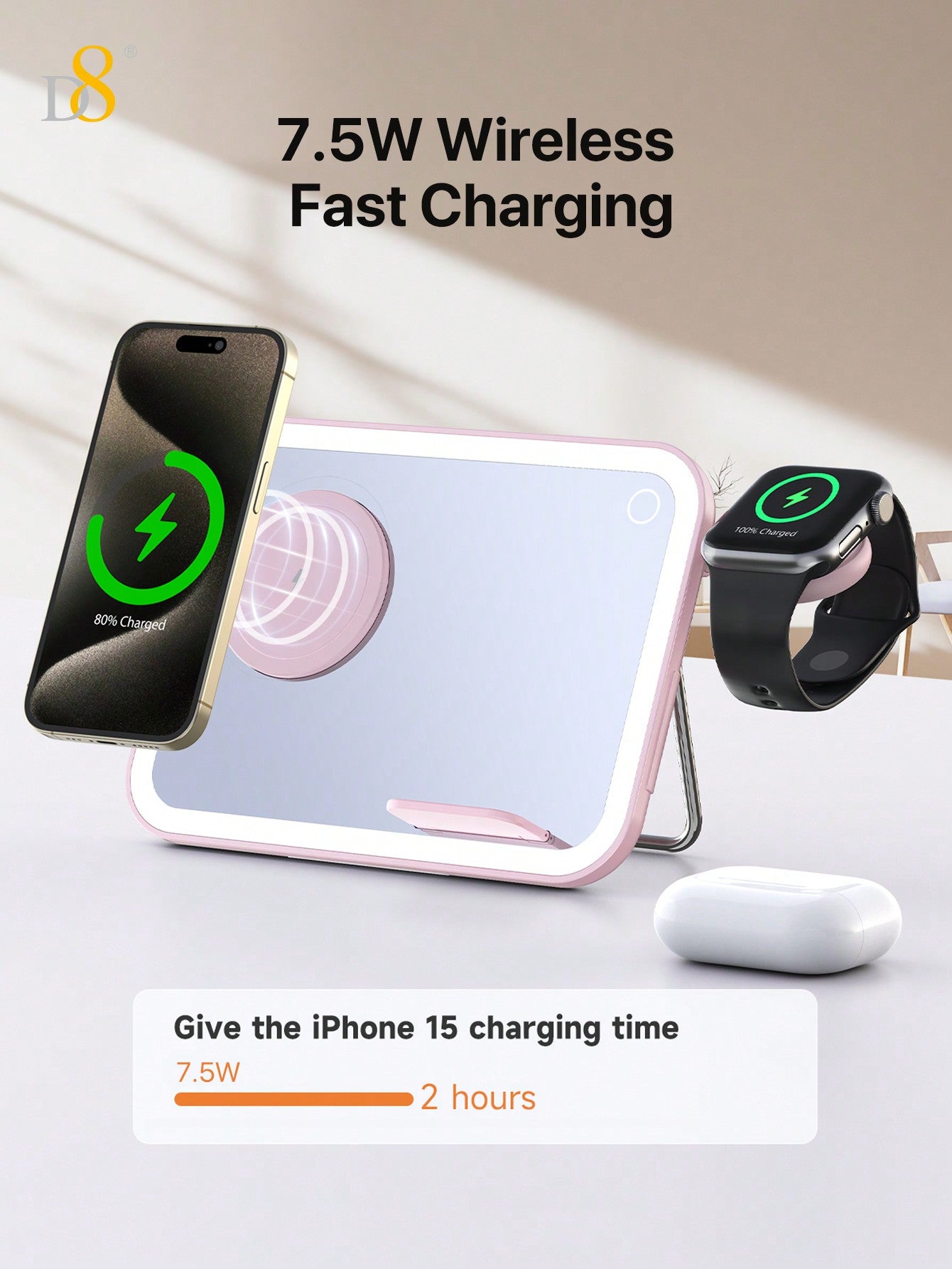 D8 3-In-1wireless Charging,7.5W Wireless Fast Charging,LED Soft Light,Dimmable Ambient Light,Cosmetic Mirror & Night Light,LED Natural Filllight Soft Warm Light, Not Harmful To Eyes