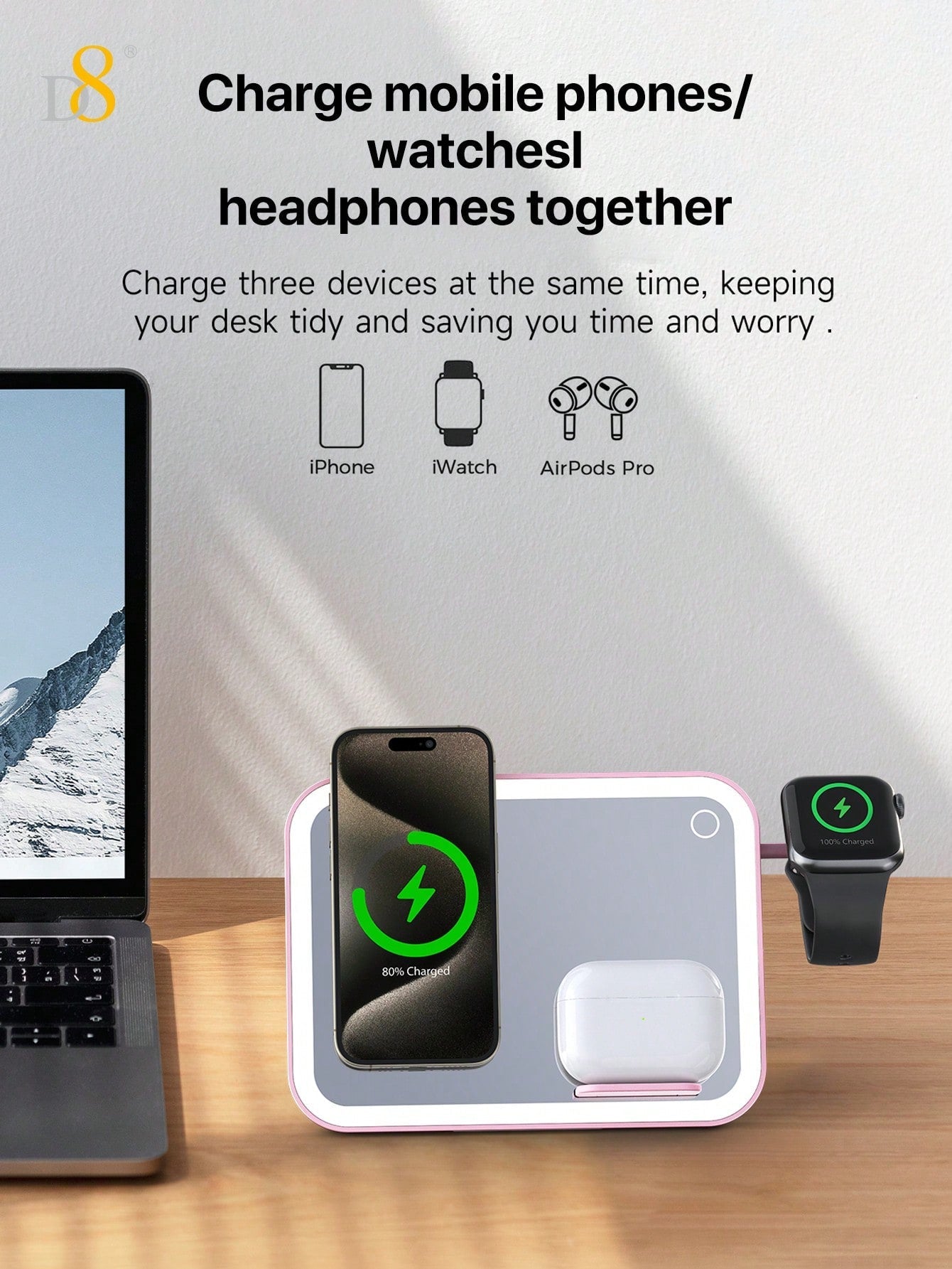 D8 3-In-1wireless Charging,7.5W Wireless Fast Charging,LED Soft Light,Dimmable Ambient Light,Cosmetic Mirror & Night Light,LED Natural Filllight Soft Warm Light, Not Harmful To Eyes