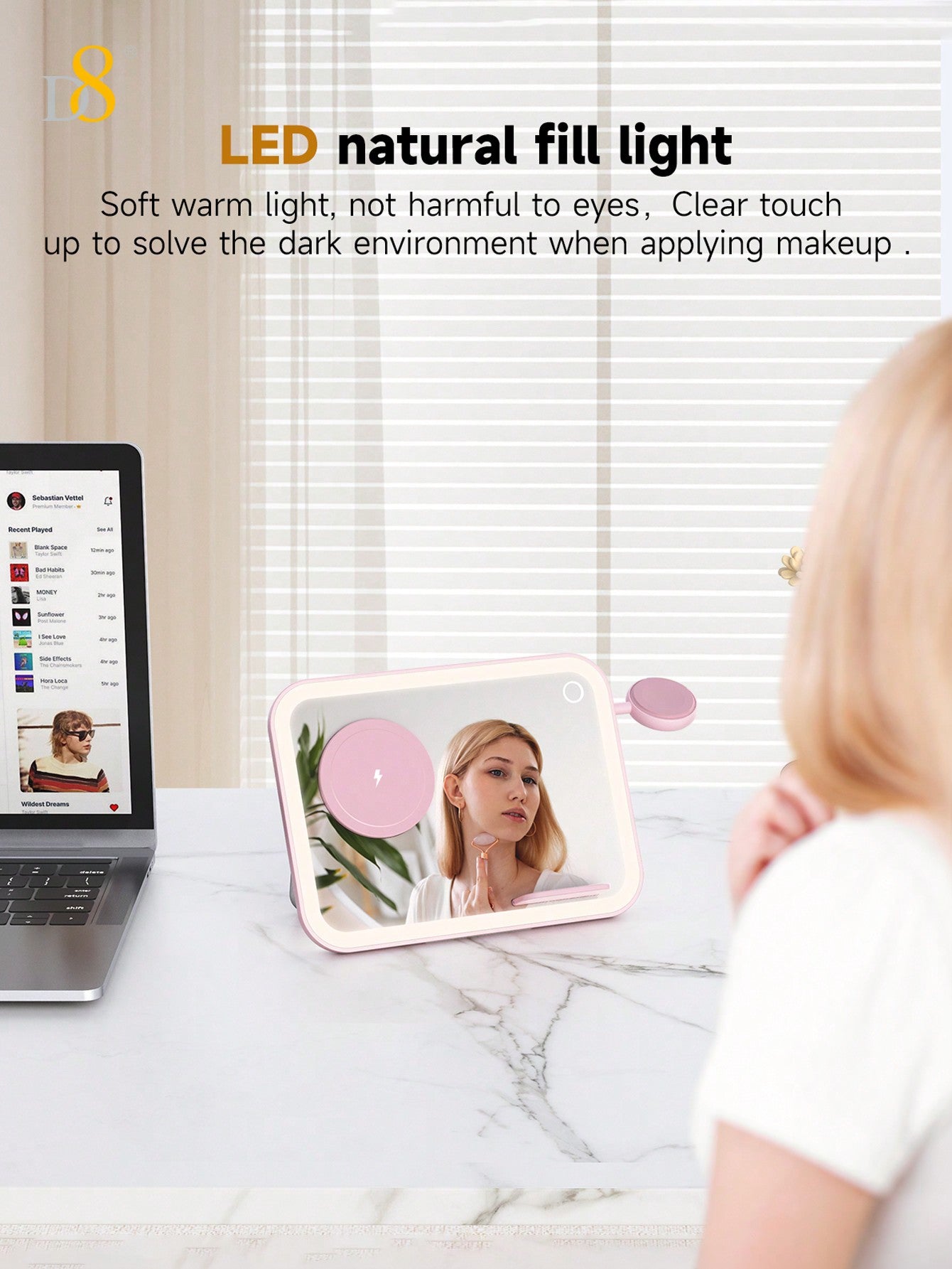 D8 3-In-1wireless Charging,7.5W Wireless Fast Charging,LED Soft Light,Dimmable Ambient Light,Cosmetic Mirror & Night Light,LED Natural Filllight Soft Warm Light, Not Harmful To Eyes