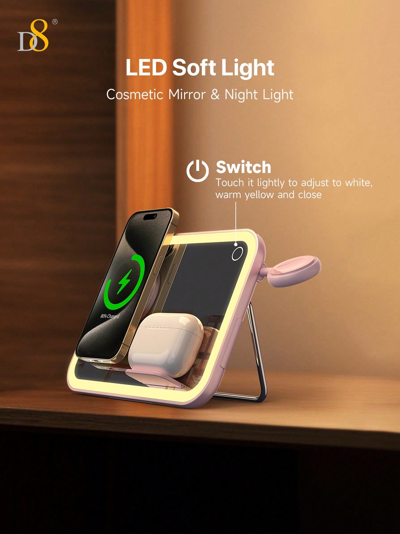 D8 3-In-1wireless Charging,7.5W Wireless Fast Charging,LED Soft Light,Dimmable Ambient Light,Cosmetic Mirror & Night Light,LED Natural Filllight Soft Warm Light, Not Harmful To Eyes