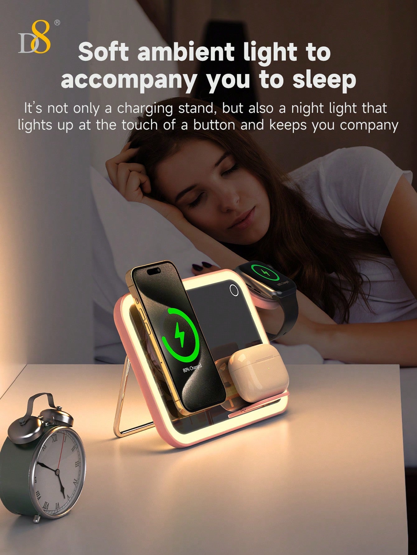 D8 3-In-1wireless Charging,7.5W Wireless Fast Charging,LED Soft Light,Dimmable Ambient Light,Cosmetic Mirror & Night Light,LED Natural Filllight Soft Warm Light, Not Harmful To Eyes
