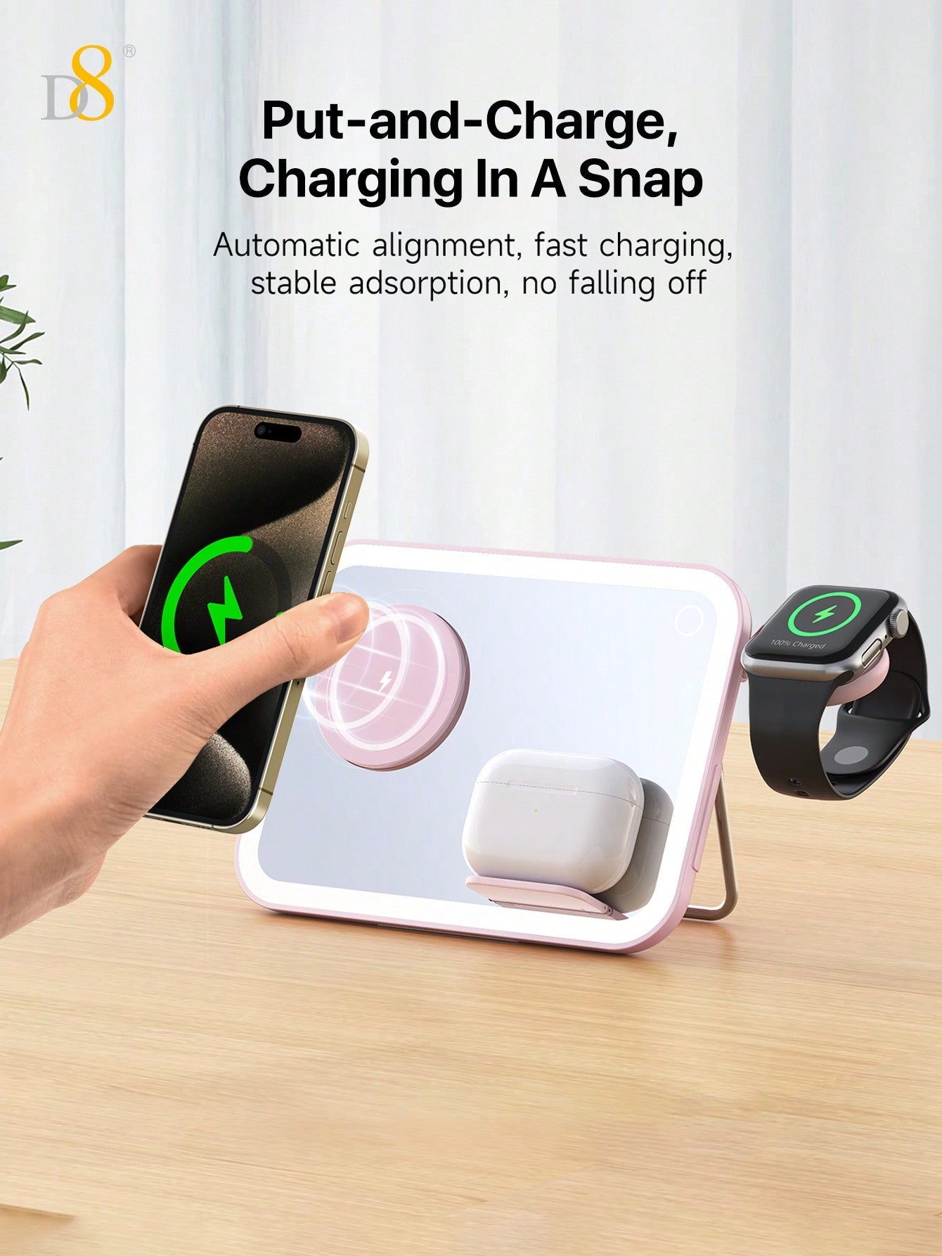 D8 3-In-1wireless Charging,7.5W Wireless Fast Charging,LED Soft Light,Dimmable Ambient Light,Cosmetic Mirror & Night Light,LED Natural Filllight Soft Warm Light, Not Harmful To Eyes