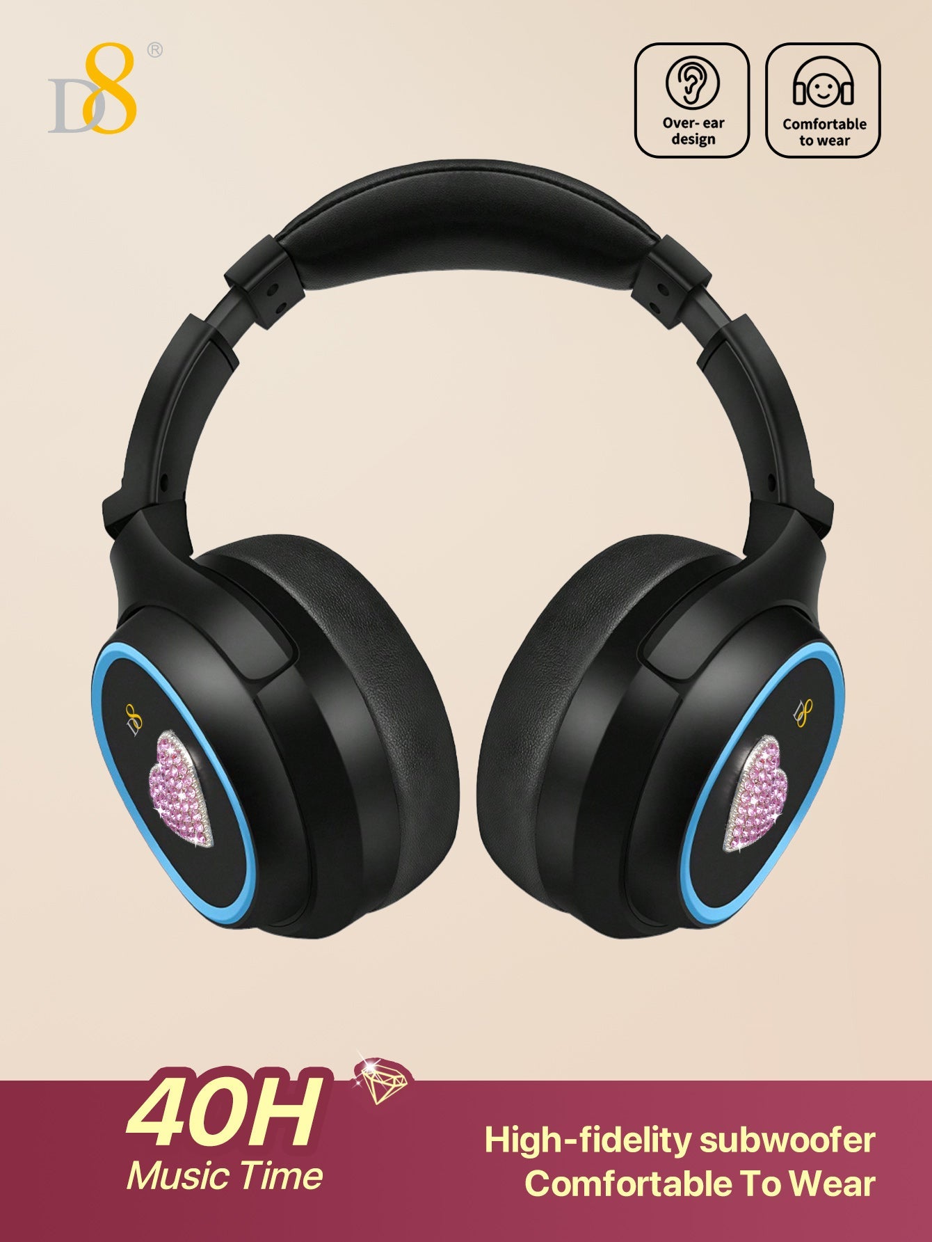 D8 Wireless  Headphones Over-Ear, with Microphone, 3.5MM Wired Stereo Headset Micro SD/TF, PC,Soft Earmuffs &Light Weight for Prolonged Wearing,Deep Bass for Home Office Cellphone PC Ect. Holiday Gift Valentine's Day Gift Christmas Gifts,Must-Haves