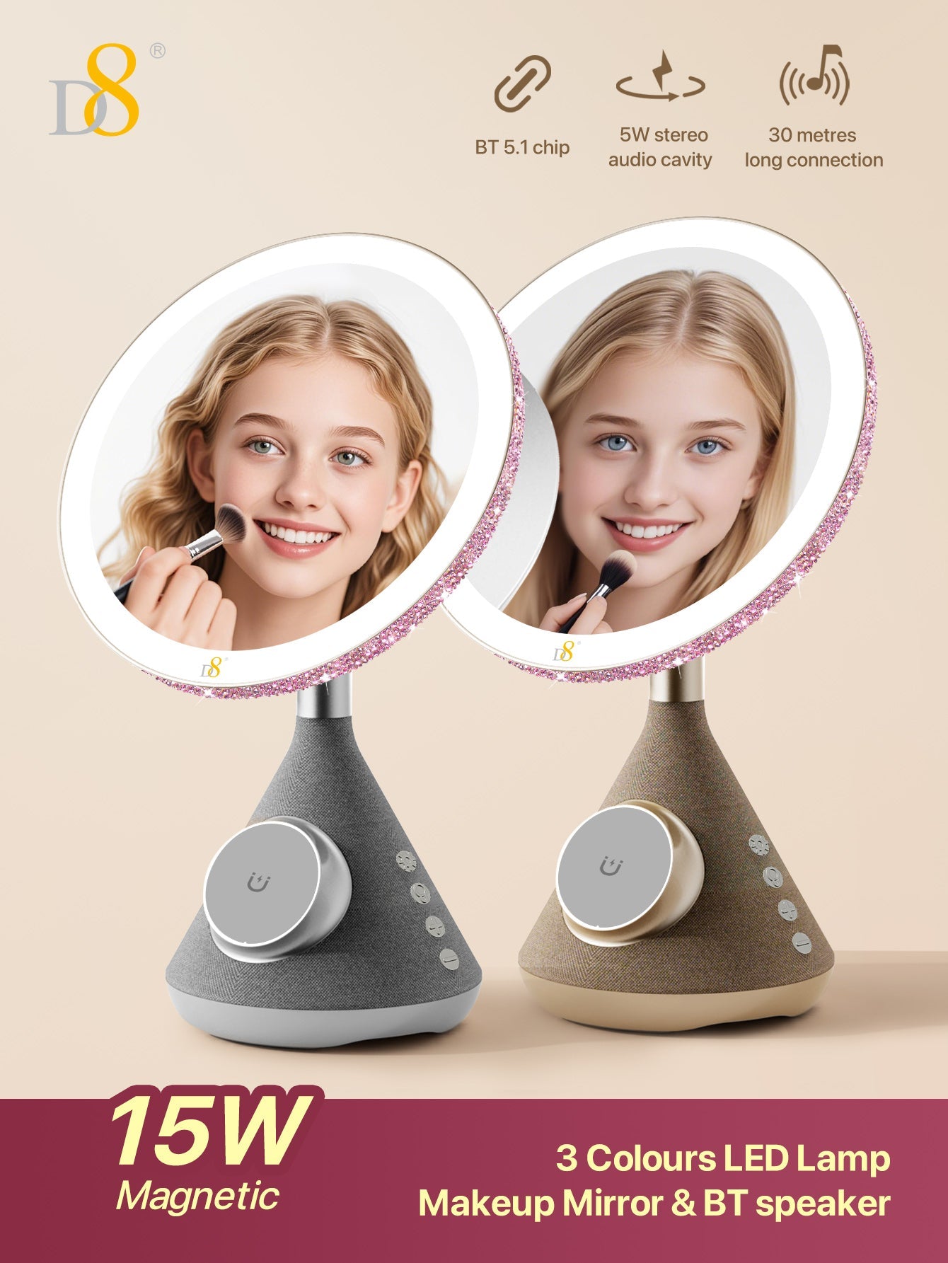D8 15W Magnetic wireless Vanity Mirror with Bluetooth Speaker and Phone Holder LED Lighting, 15W Magnetic wireless Charger, for iPhone Compatible with iPhone 15/15Puls/15Pro/15Pro Max/14/ Max/13/13/12 Pro, Three adjustable LED lighting
