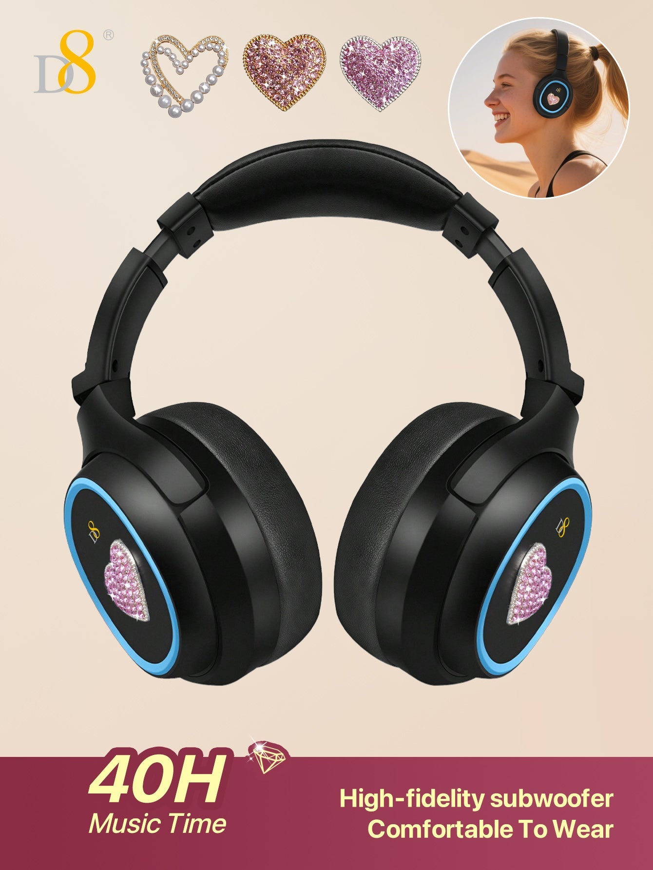 D8 Wireless  Headphones Over-Ear, with Microphone, 3.5MM Wired Stereo Headset Micro SD/TF, PC,Soft Earmuffs &Light Weight for Prolonged Wearing,Deep Bass for Home Office Cellphone PC Ect. Holiday Gift Valentine's Day Gift Christmas Gifts,Must-Haves