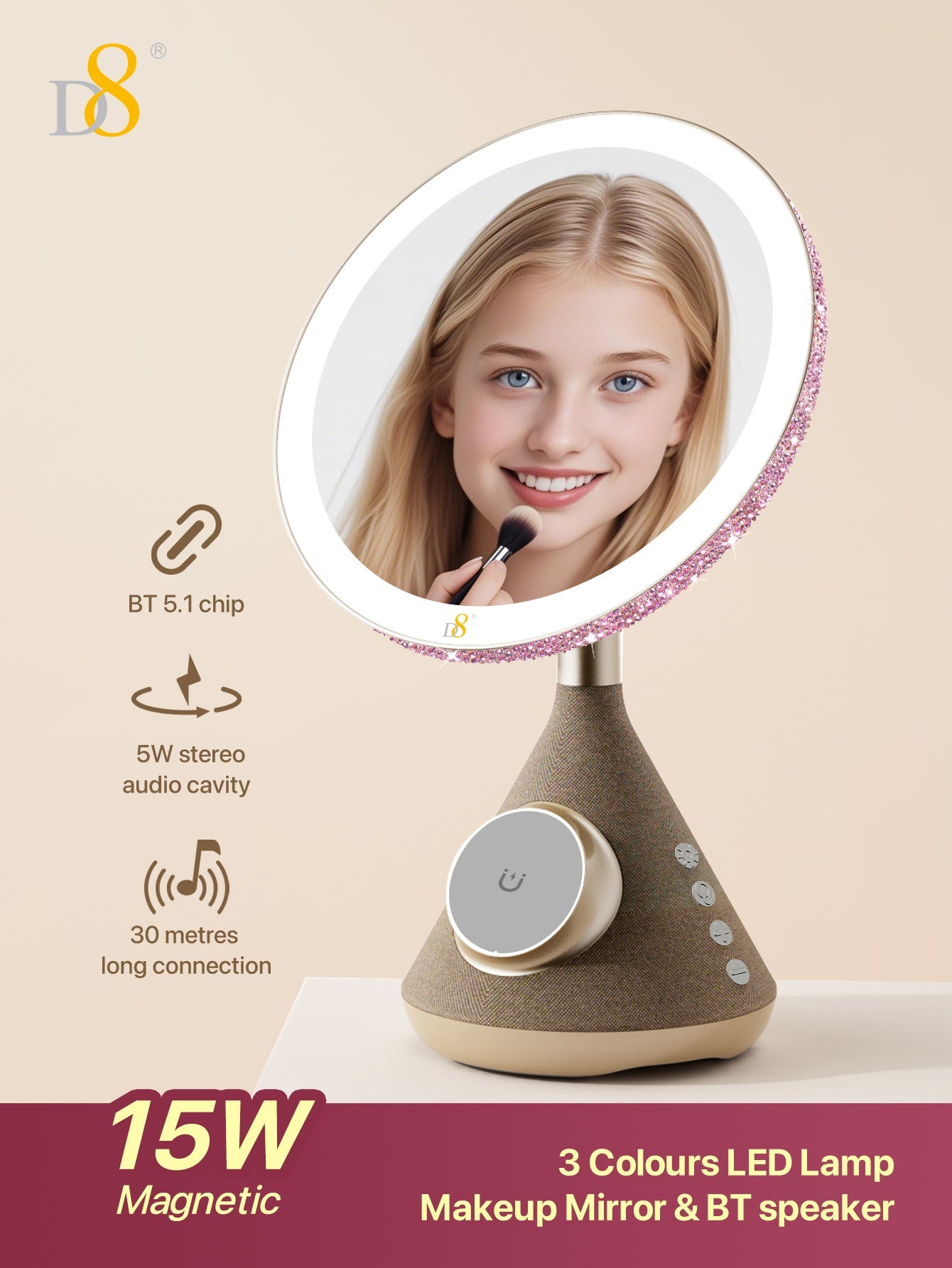D8 15W Magnetic wireless Vanity Mirror with Bluetooth Speaker and Phone Holder LED Lighting, 15W Magnetic wireless Charger, for iPhone Compatible with iPhone 15/15Puls/15Pro/15Pro Max/14/ Max/13/13/12 Pro, Three adjustable LED lighting