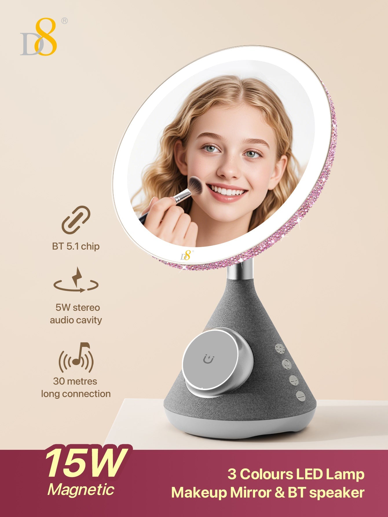 D8 15W Magnetic wireless Vanity Mirror with Bluetooth Speaker and Phone Holder LED Lighting, 15W Magnetic wireless Charger, for iPhone Compatible with iPhone 15/15Puls/15Pro/15Pro Max/14/ Max/13/13/12 Pro, Three adjustable LED lighting