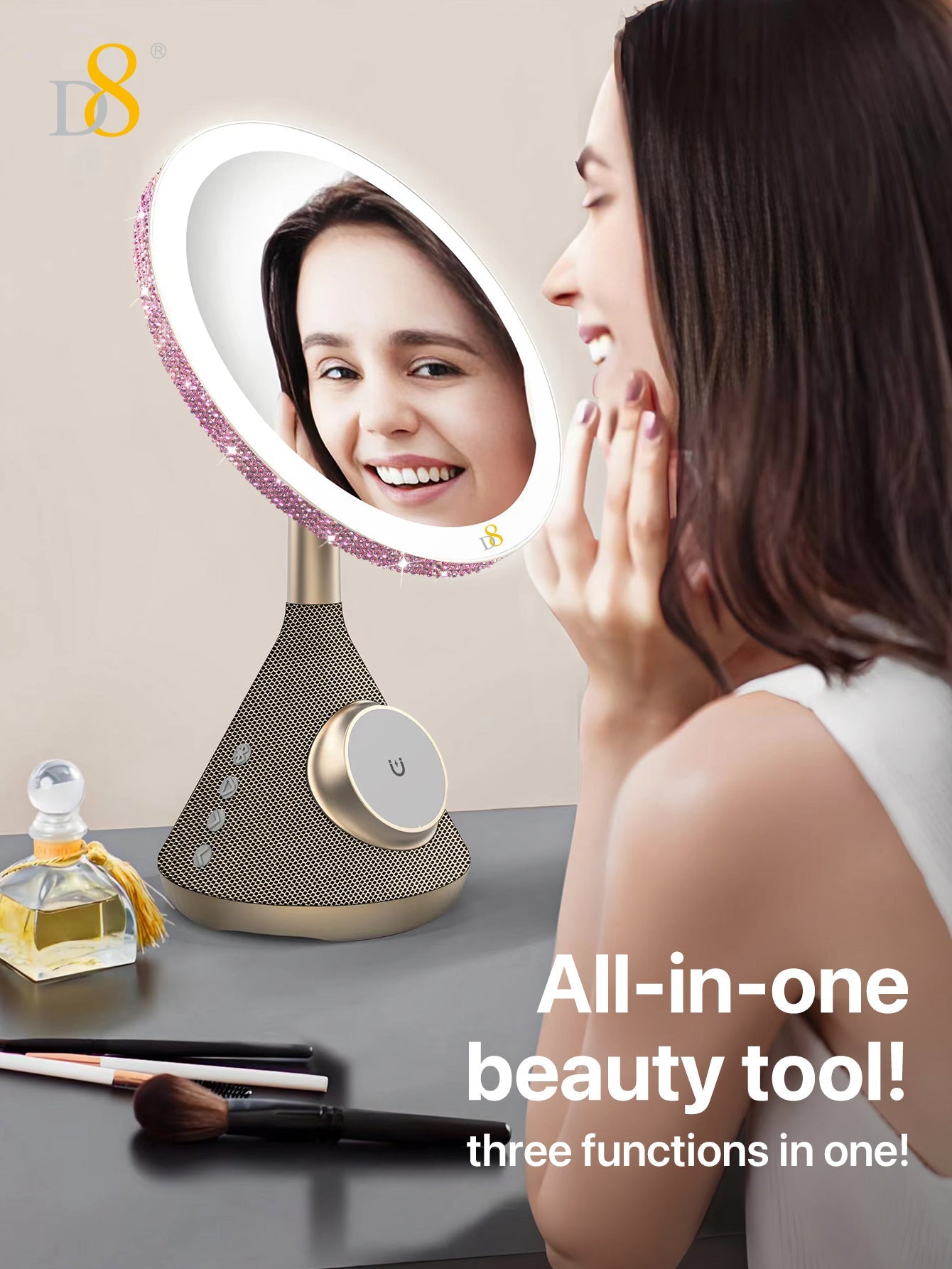D8 15W Magnetic wireless Vanity Mirror with Bluetooth Speaker and Phone Holder LED Lighting, 15W Magnetic wireless Charger, for iPhone Compatible with iPhone 15/15Puls/15Pro/15Pro Max/14/ Max/13/13/12 Pro, Three adjustable LED lighting