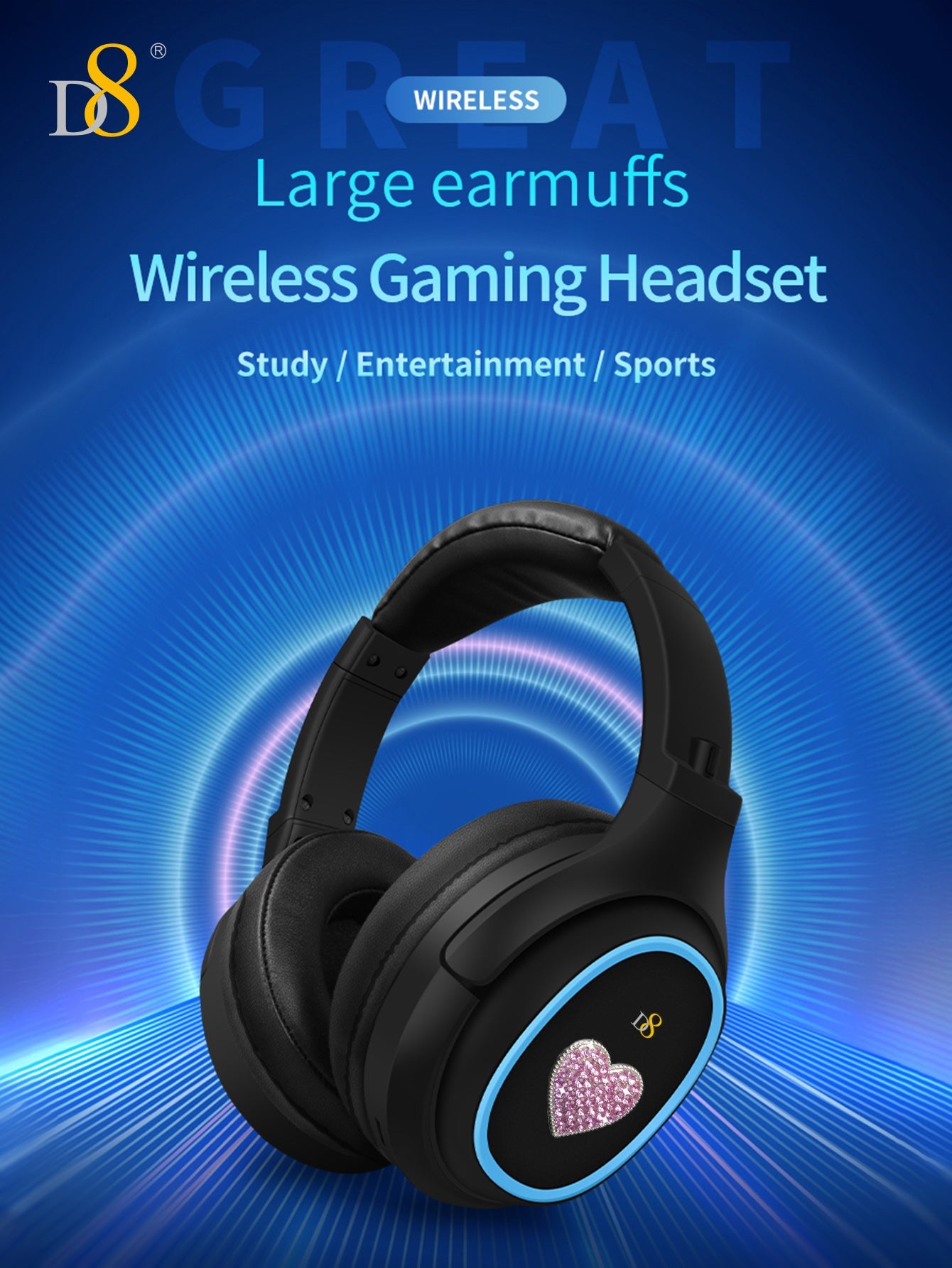D8 Wireless  Headphones Over-Ear, with Microphone, 3.5MM Wired Stereo Headset Micro SD/TF, PC,Soft Earmuffs &Light Weight for Prolonged Wearing,Deep Bass for Home Office Cellphone PC Ect. Holiday Gift Valentine's Day Gift Christmas Gifts,Must-Haves