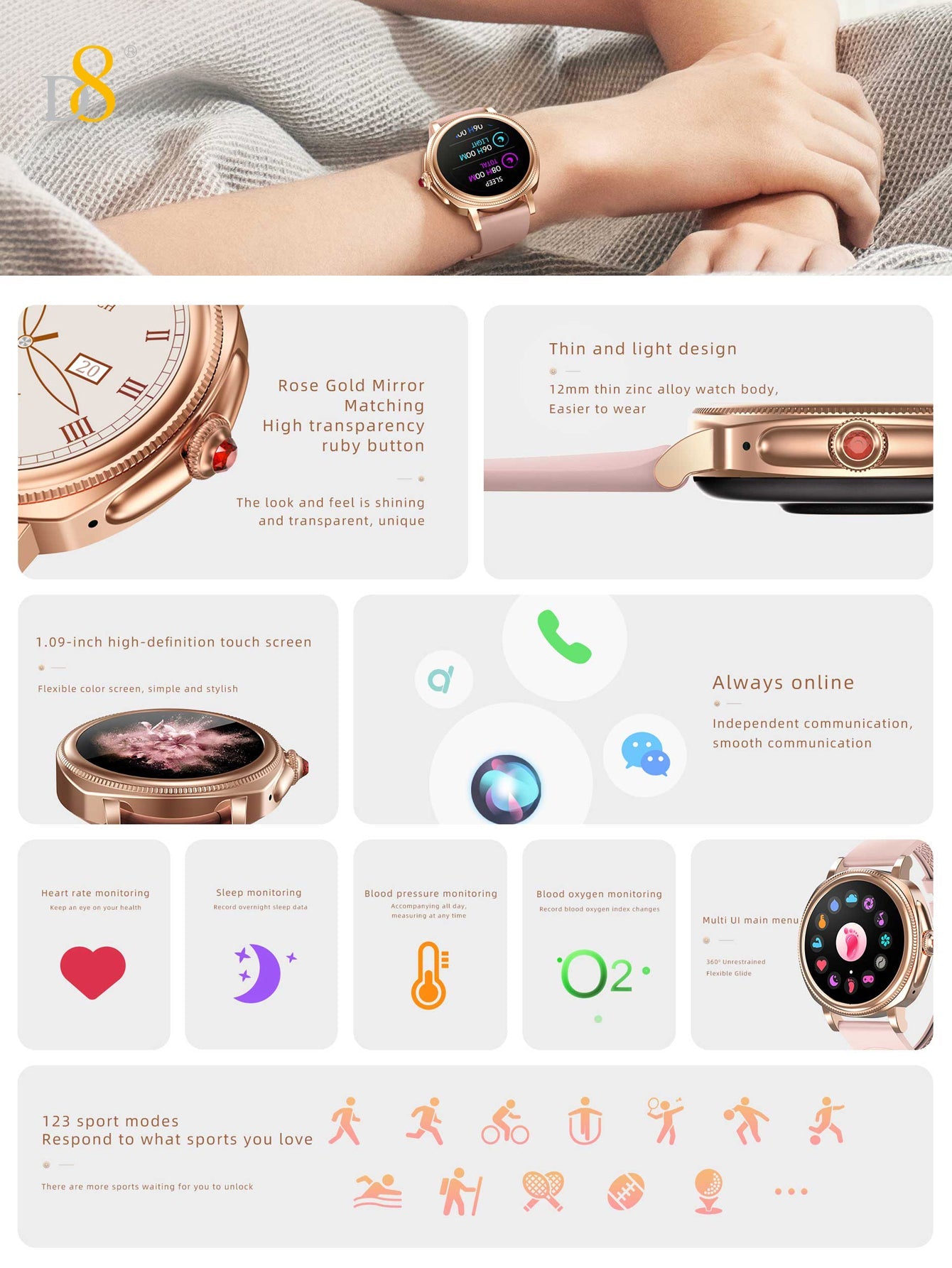 IP68 Waterproof Activity Tracker Smartch For Woman - Dynamic8