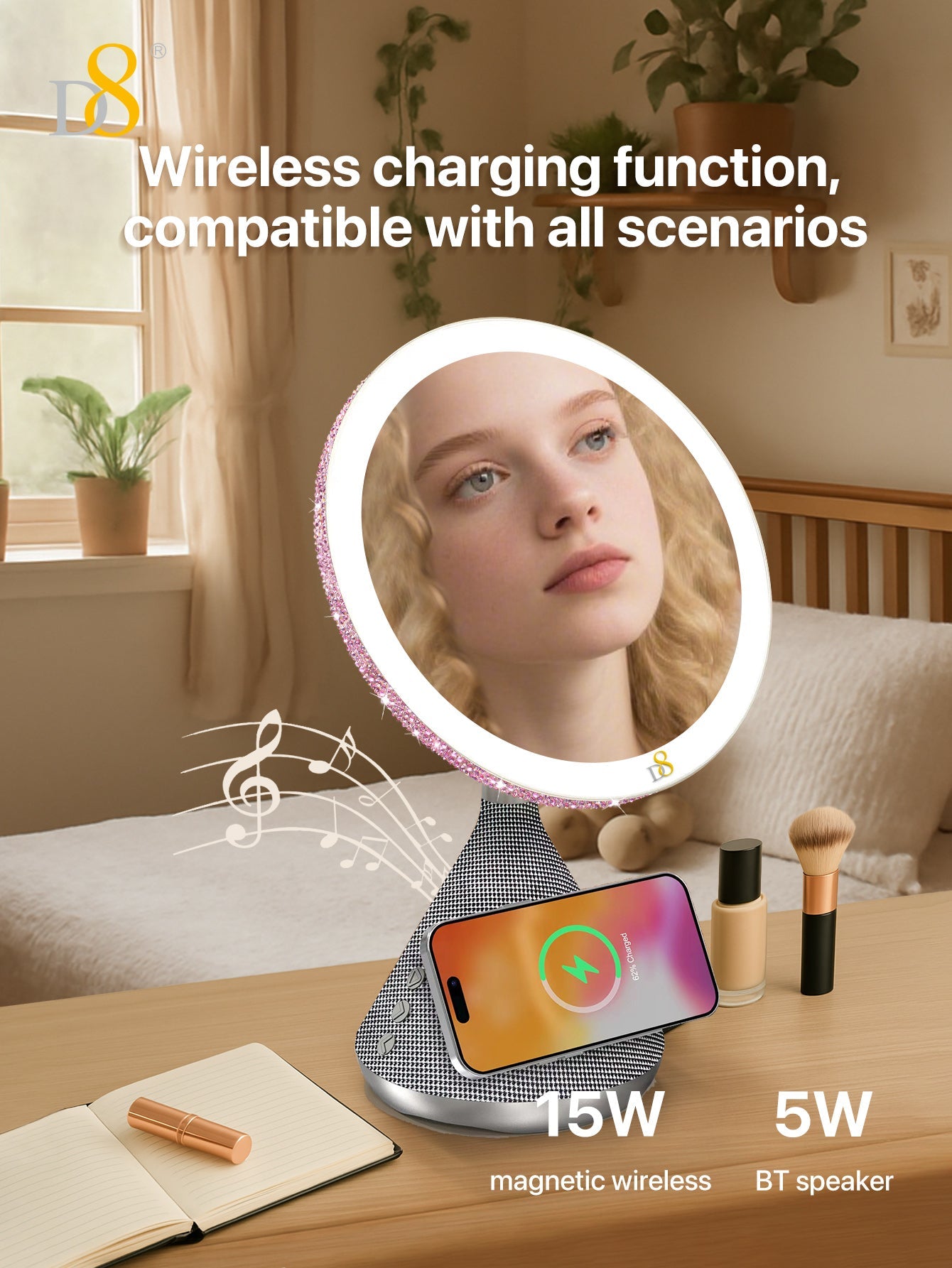 D8 15W Magnetic wireless Vanity Mirror with Bluetooth Speaker and Phone Holder LED Lighting, 15W Magnetic wireless Charger, for iPhone Compatible with iPhone 15/15Puls/15Pro/15Pro Max/14/ Max/13/13/12 Pro, Three adjustable LED lighting