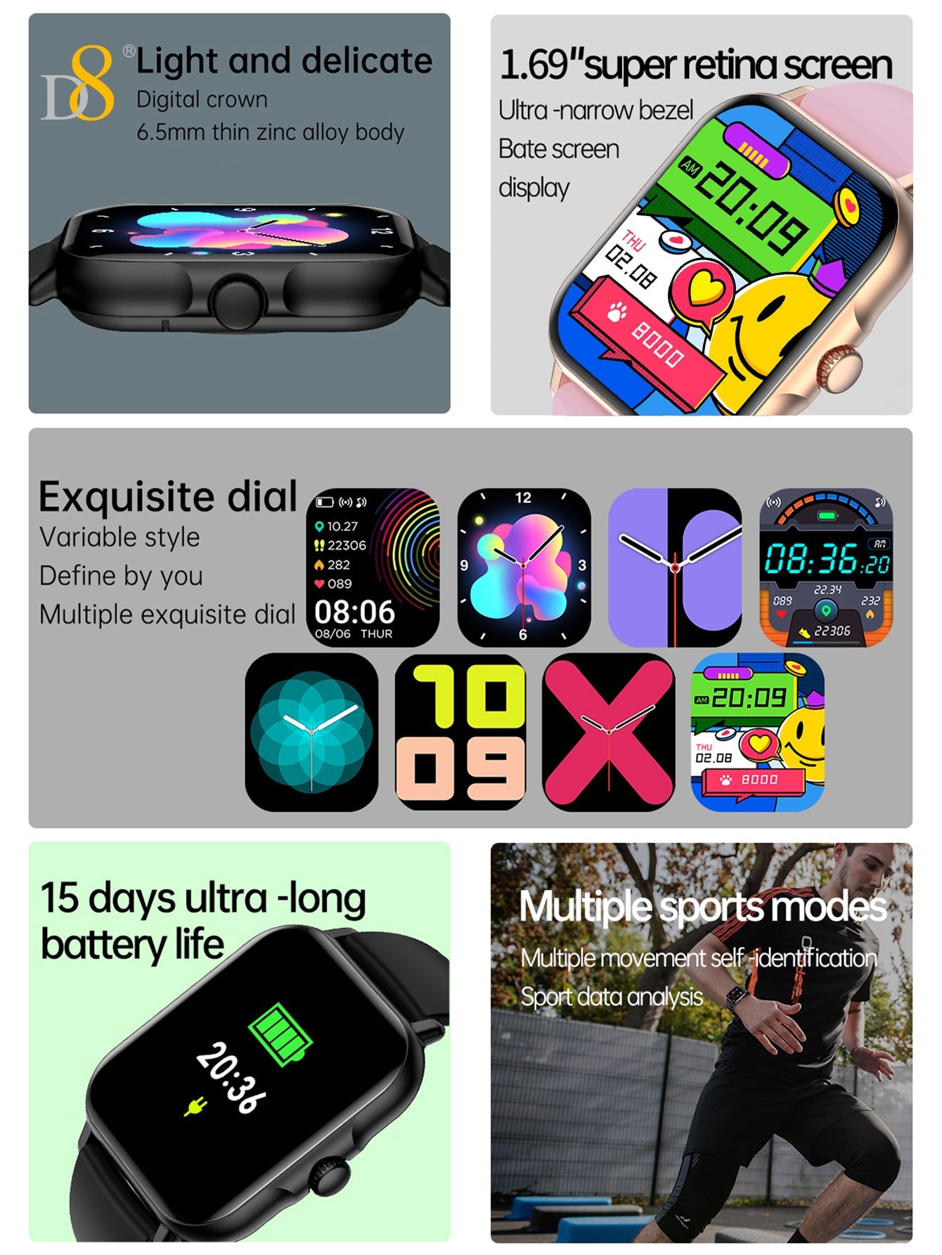 D8UP3 Smart Watch with Call Function, Health Monitoring, Sport Detection, Fitness Tracker for Men and Women, Compatible with iOS & Android