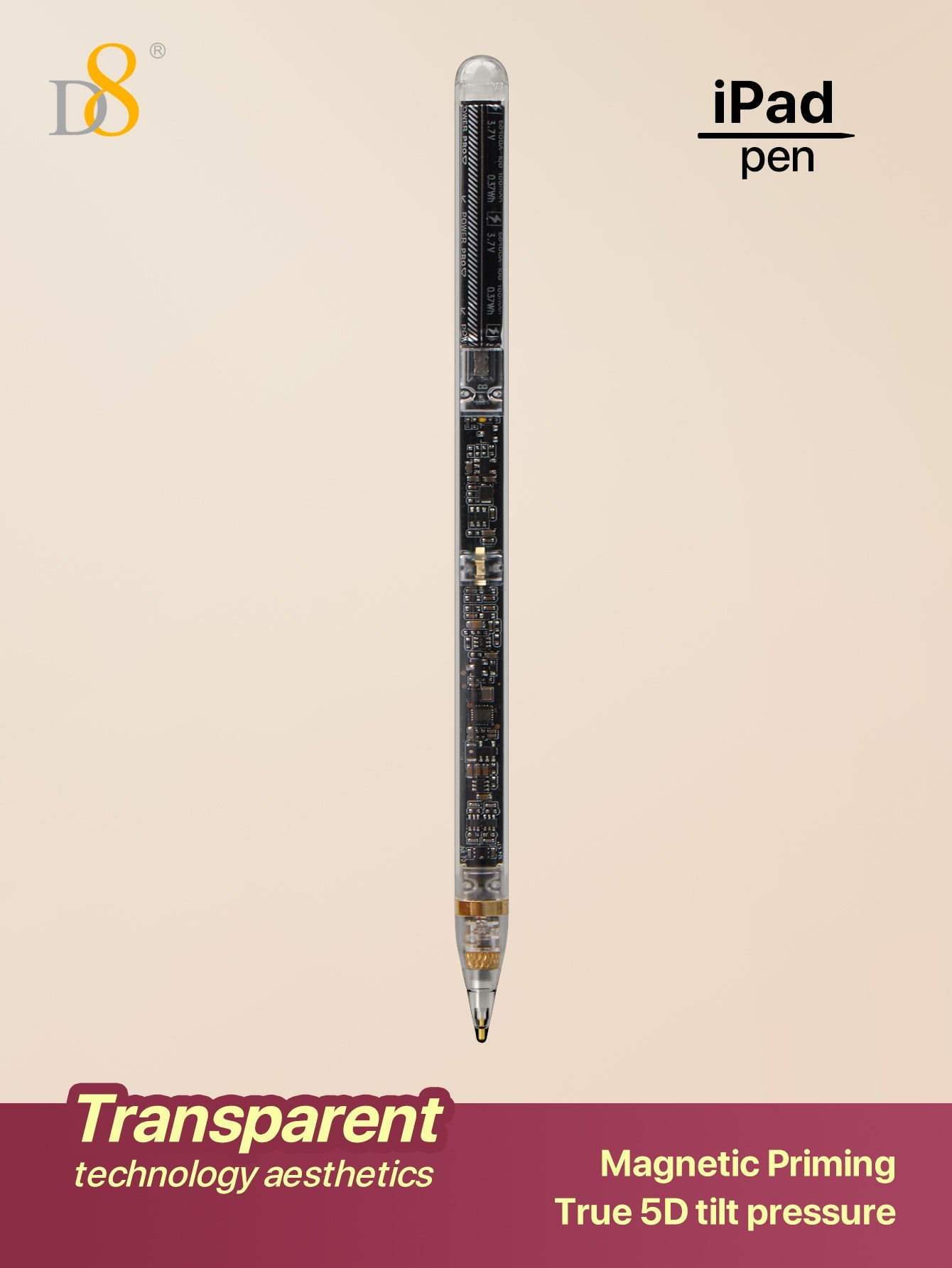 D8 Transparent iPad Stylus Pen - Magnetic Wireless Charging, Tilt, Palm Rejection