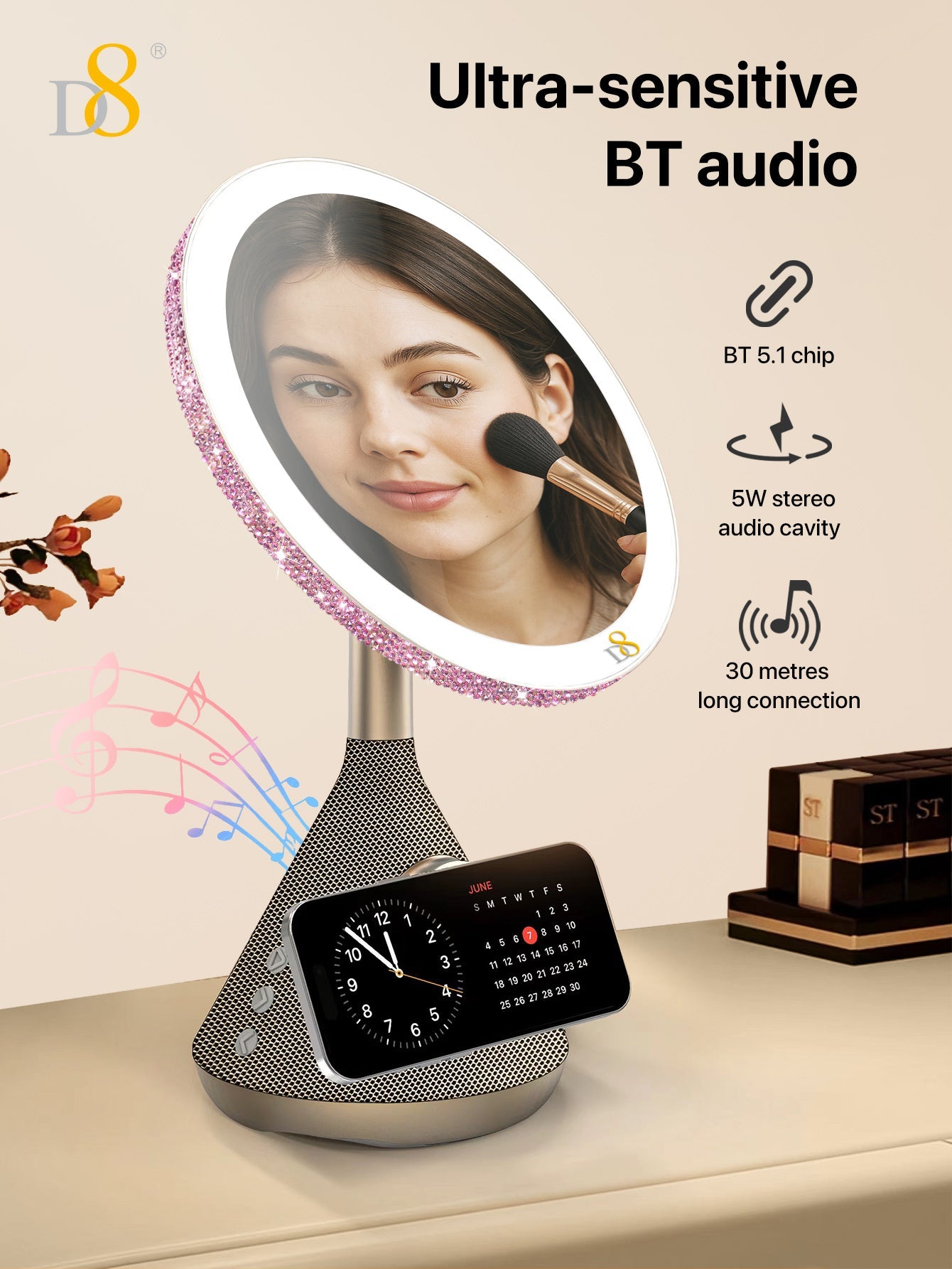 D8 15W Magnetic wireless Vanity Mirror with Bluetooth Speaker and Phone Holder LED Lighting, 15W Magnetic wireless Charger, for iPhone Compatible with iPhone 15/15Puls/15Pro/15Pro Max/14/ Max/13/13/12 Pro, Three adjustable LED lighting