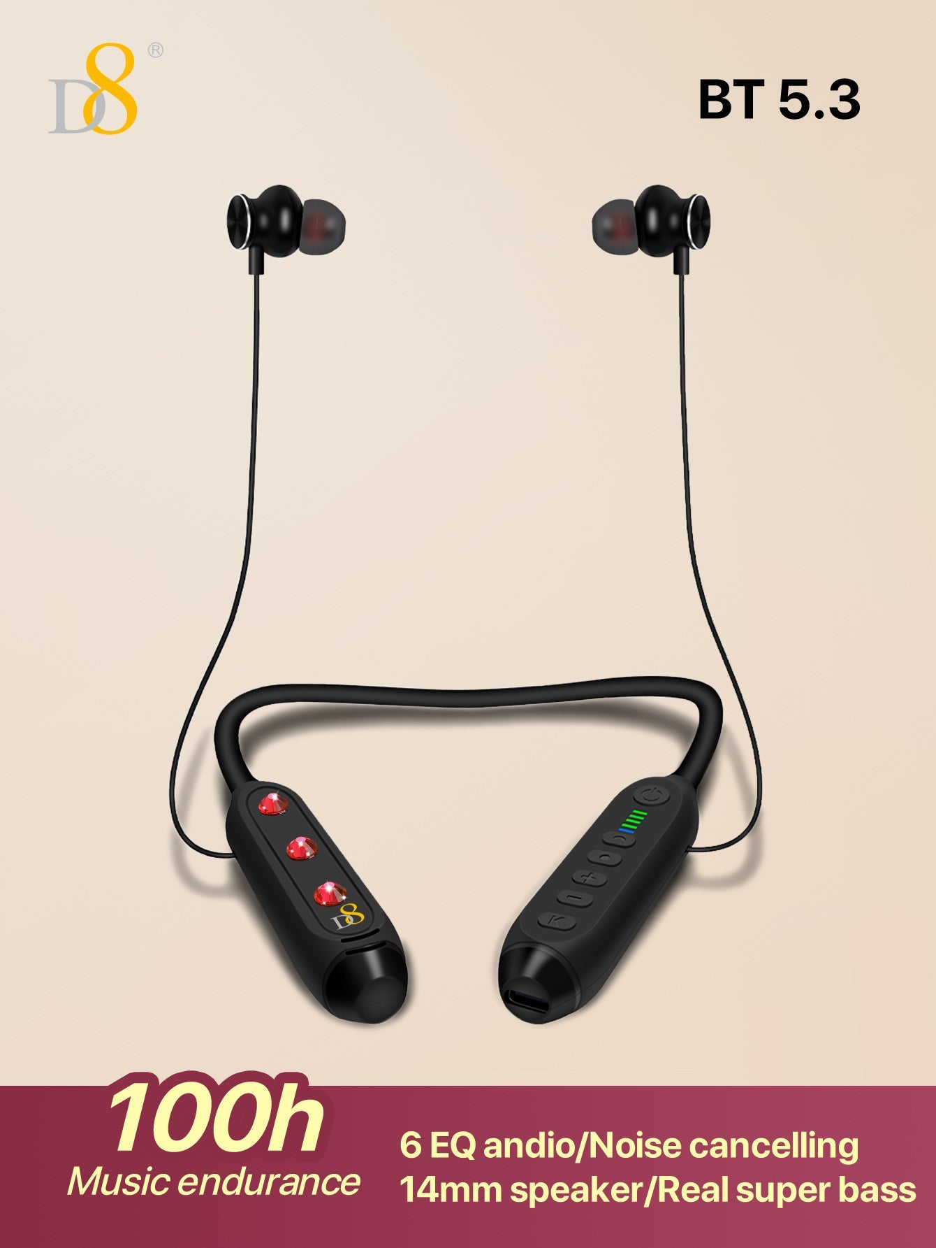 D8 Around The Neck Headphones ,100 Hours Extra Long Playback with Microphone Headset, Balanced Armature Drivers Stereo in Ear Wireless Headphones, Waterproof Workout Magnetic Neckband Earphone D8 Wireless Headphones Around Neck with Mic  Long Battery Life