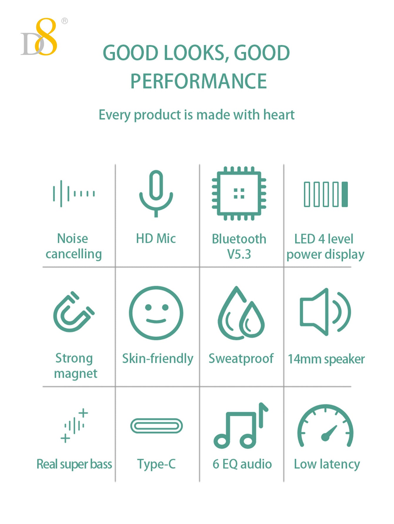 D8 Around The Neck Headphones ,100 Hours Extra Long Playback with Microphone Headset, Balanced Armature Drivers Stereo in Ear Wireless Headphones, Waterproof Workout Magnetic Neckband Earphone D8 Wireless Headphones Around Neck with Mic  Long Battery Life