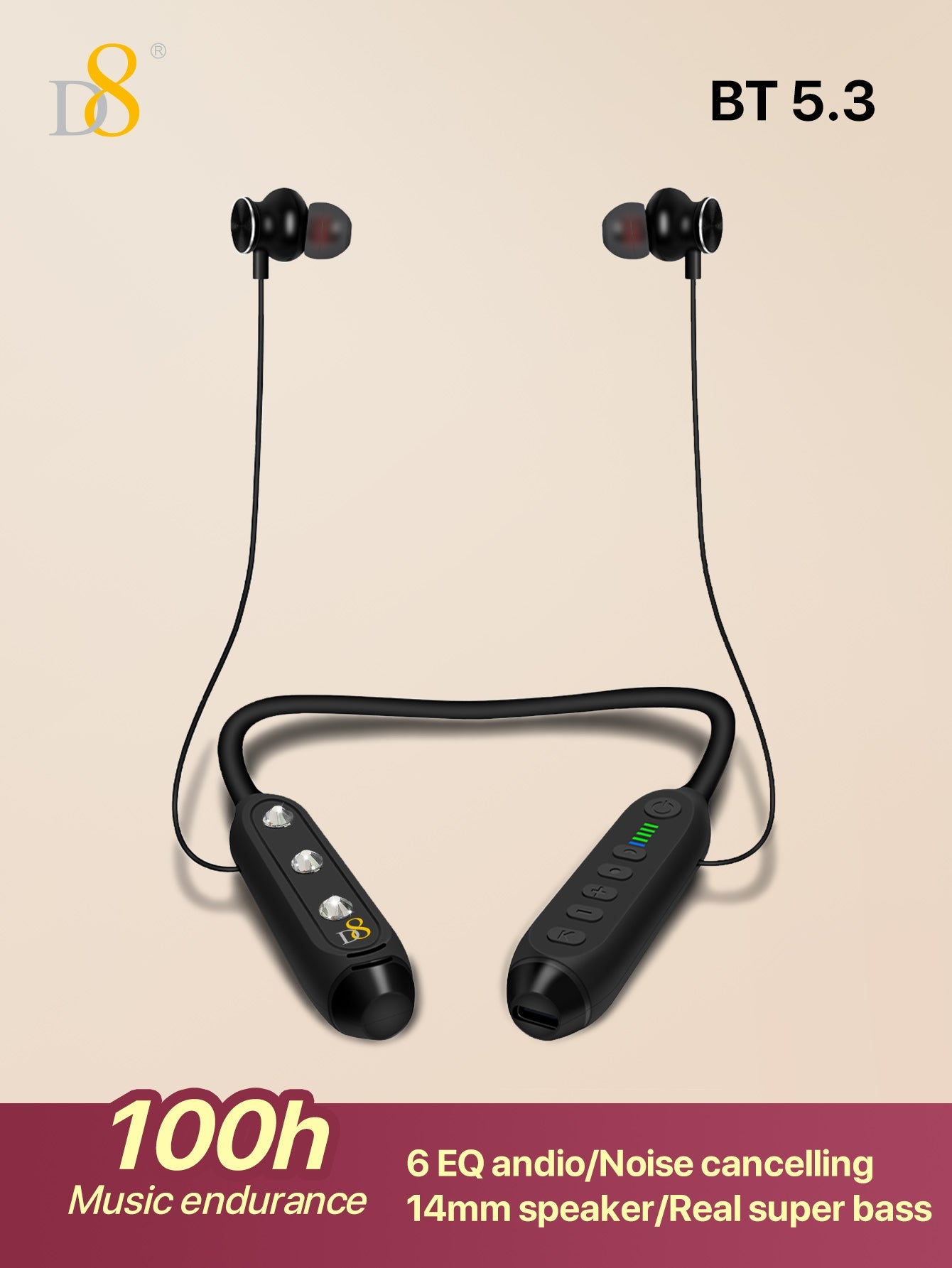D8 Around The Neck Headphones ,100 Hours Extra Long Playback with Microphone Headset, Balanced Armature Drivers Stereo in Ear Wireless Headphones, Waterproof Workout Magnetic Neckband Earphone D8 Wireless Headphones Around Neck with Mic  Long Battery Life