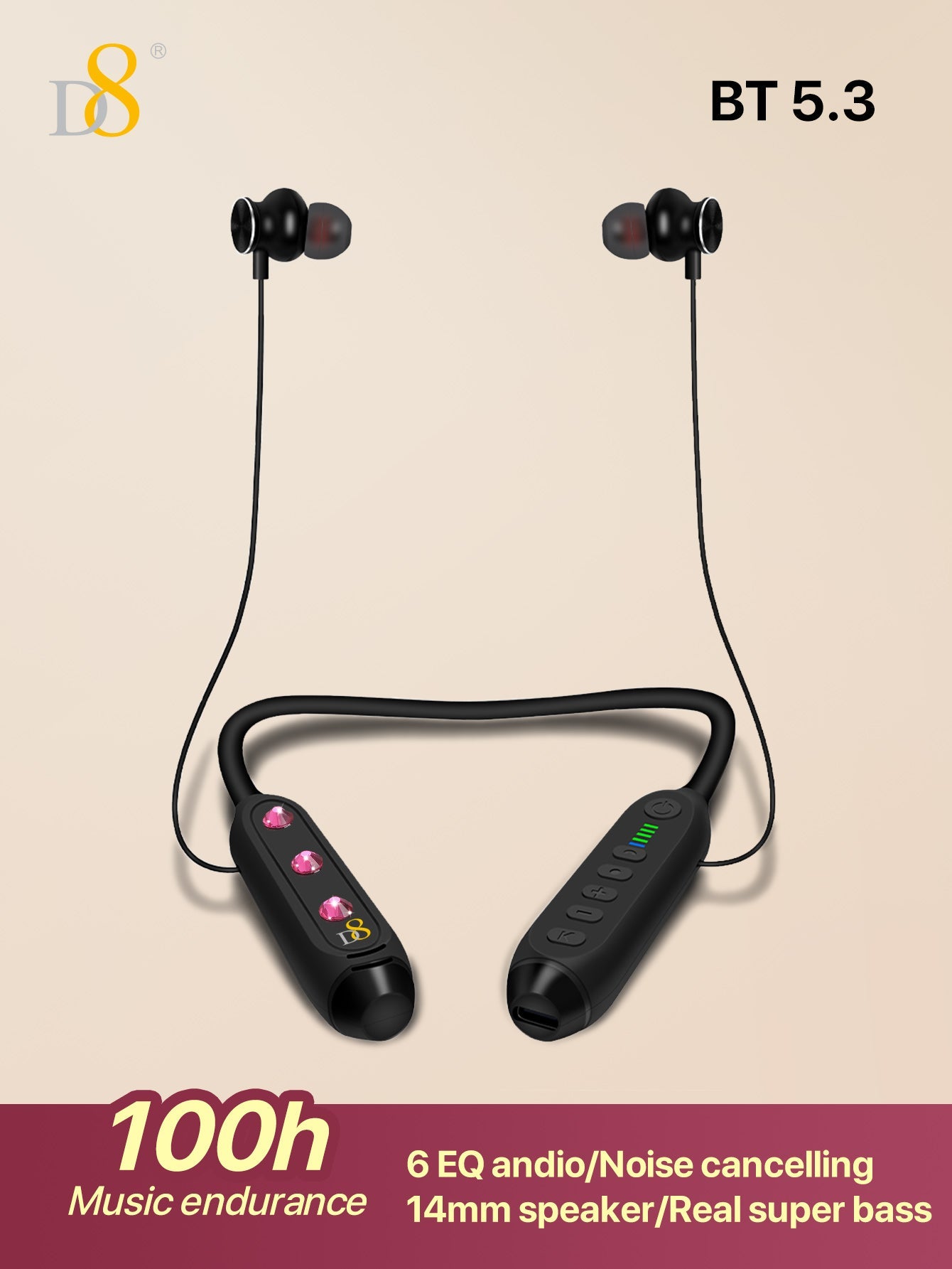D8 Around The Neck Headphones ,100 Hours Extra Long Playback with Microphone Headset, Balanced Armature Drivers Stereo in Ear Wireless Headphones, Waterproof Workout Magnetic Neckband Earphone D8 Wireless Headphones Around Neck with Mic  Long Battery Life