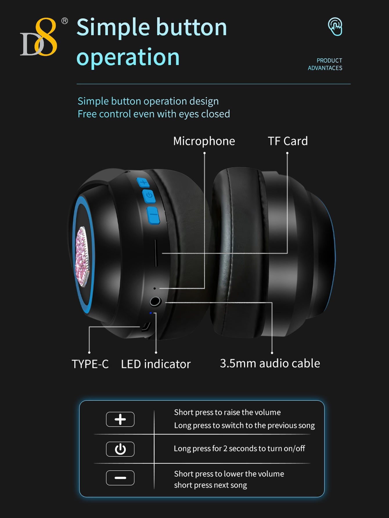 D8 Wireless  Headphones Over-Ear, with Microphone, 3.5MM Wired Stereo Headset Micro SD/TF, PC,Soft Earmuffs &Light Weight for Prolonged Wearing,Deep Bass for Home Office Cellphone PC Ect. Holiday Gift Valentine's Day Gift Christmas Gifts,Must-Haves