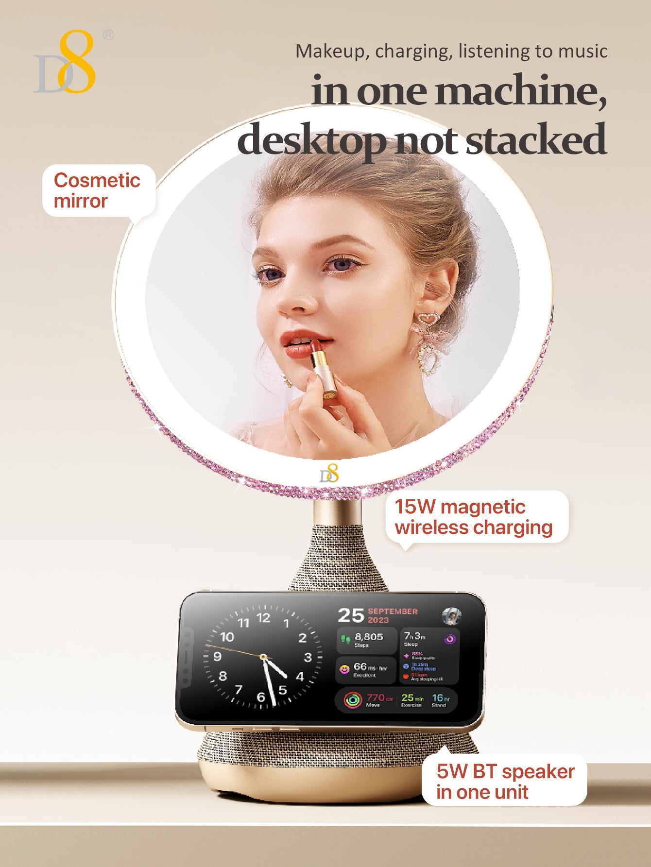 D8 15W Magnetic wireless Vanity Mirror with Bluetooth Speaker and Phone Holder LED Lighting, 15W Magnetic wireless Charger, for iPhone Compatible with iPhone 15/15Puls/15Pro/15Pro Max/14/ Max/13/13/12 Pro, Three adjustable LED lighting