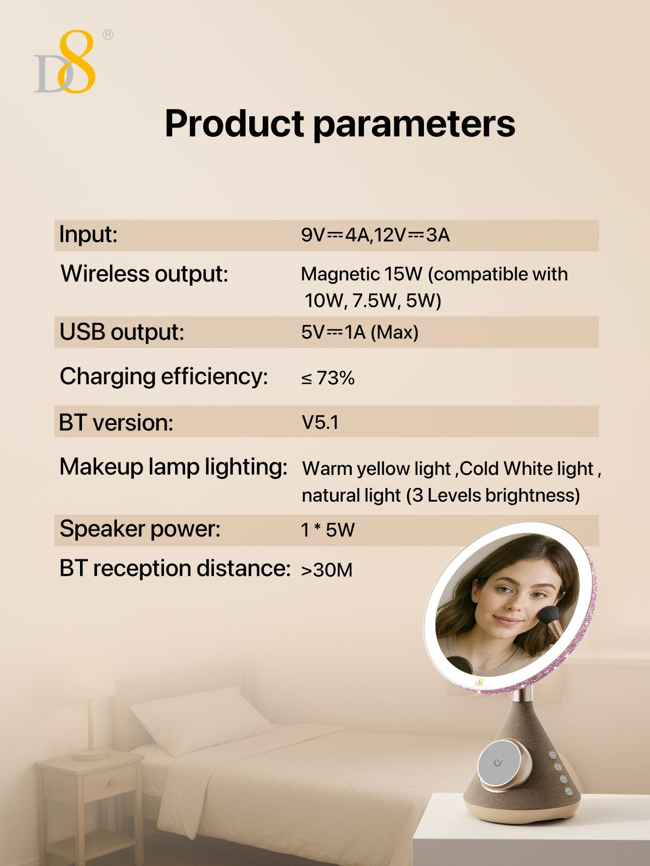 D8 15W Magnetic wireless Vanity Mirror with Bluetooth Speaker and Phone Holder LED Lighting, 15W Magnetic wireless Charger, for iPhone Compatible with iPhone 15/15Puls/15Pro/15Pro Max/14/ Max/13/13/12 Pro, Three adjustable LED lighting