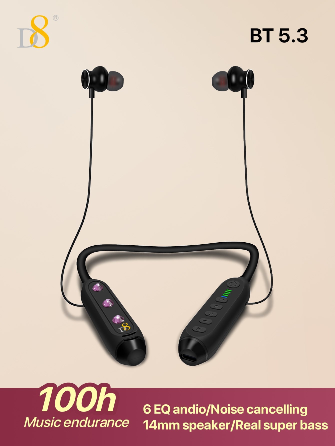D8 Around The Neck Headphones ,100 Hours Extra Long Playback with Microphone Headset, Balanced Armature Drivers Stereo in Ear Wireless Headphones, Waterproof Workout Magnetic Neckband Earphone D8 Wireless Headphones Around Neck with Mic  Long Battery Life