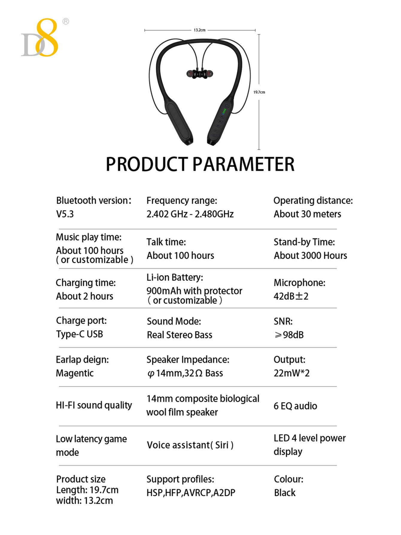 D8 Around The Neck Headphones ,100 Hours Extra Long Playback with Microphone Headset, Balanced Armature Drivers Stereo in Ear Wireless Headphones, Waterproof Workout Magnetic Neckband Earphone D8 Wireless Headphones Around Neck with Mic  Long Battery Life