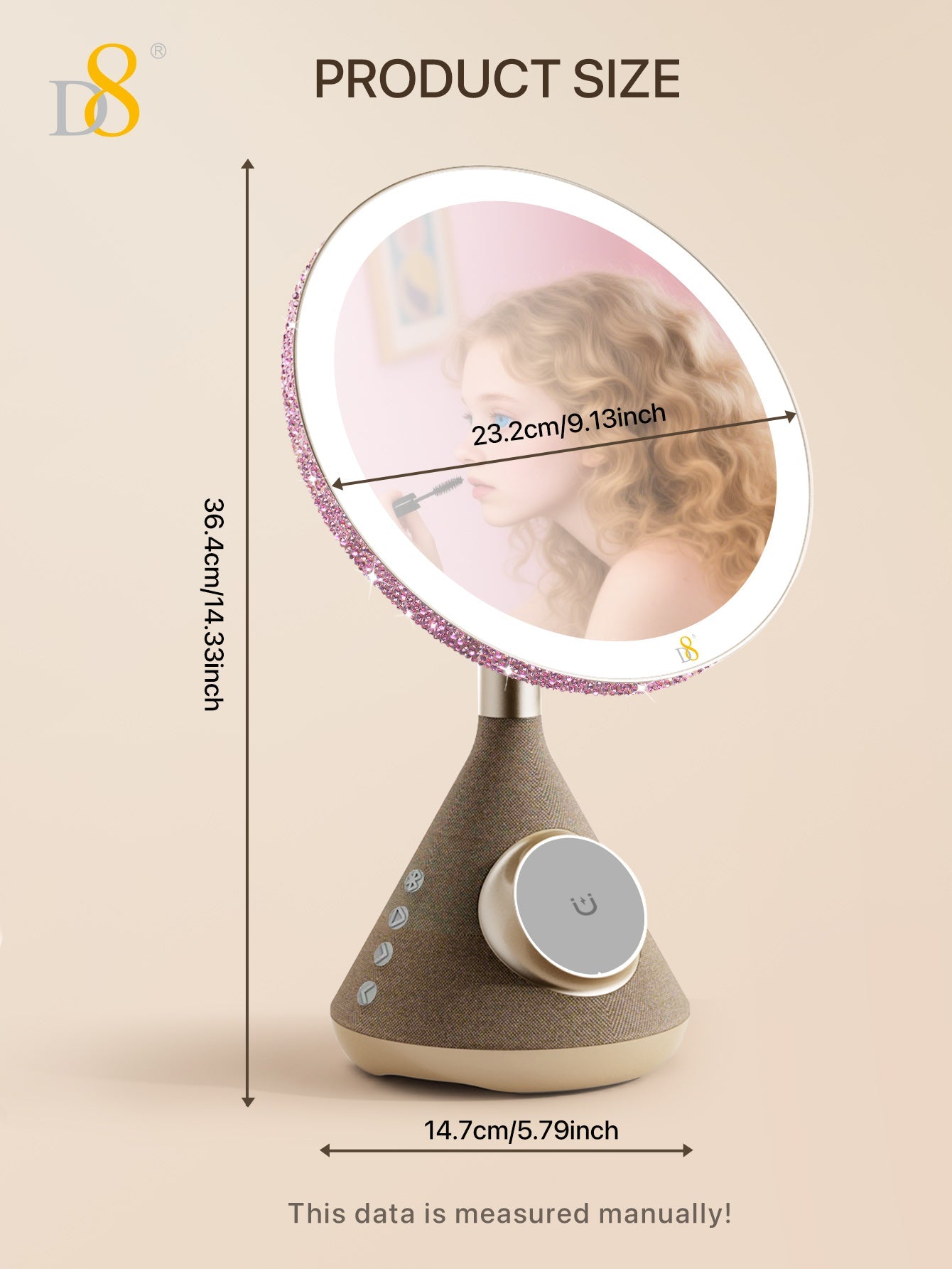 D8 15W Magnetic wireless Vanity Mirror with Bluetooth Speaker and Phone Holder LED Lighting, 15W Magnetic wireless Charger, for iPhone Compatible with iPhone 15/15Puls/15Pro/15Pro Max/14/ Max/13/13/12 Pro, Three adjustable LED lighting