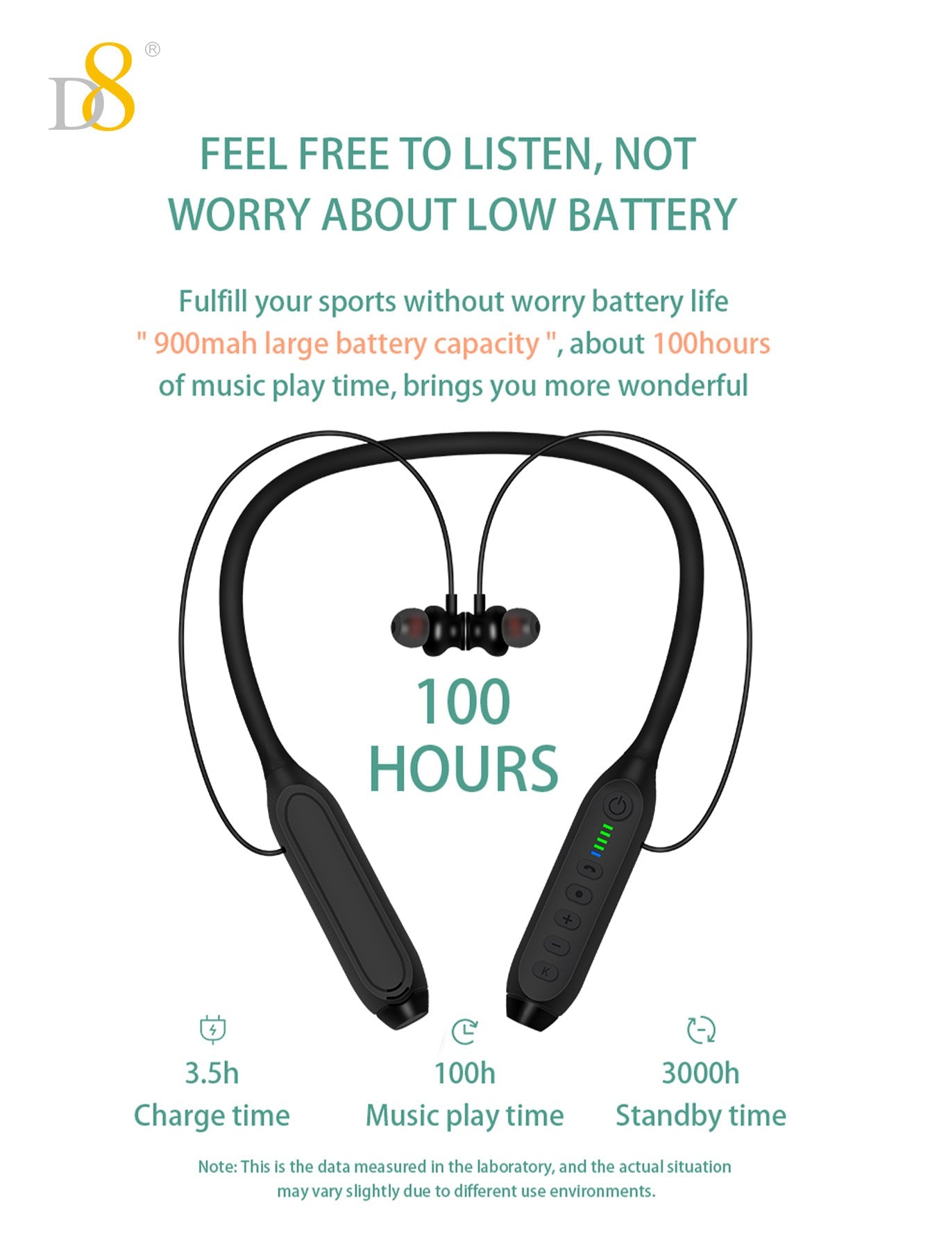 D8 Around The Neck Headphones ,100 Hours Extra Long Playback with Microphone Headset, Balanced Armature Drivers Stereo in Ear Wireless Headphones, Waterproof Workout Magnetic Neckband Earphone D8 Wireless Headphones Around Neck with Mic  Long Battery Life