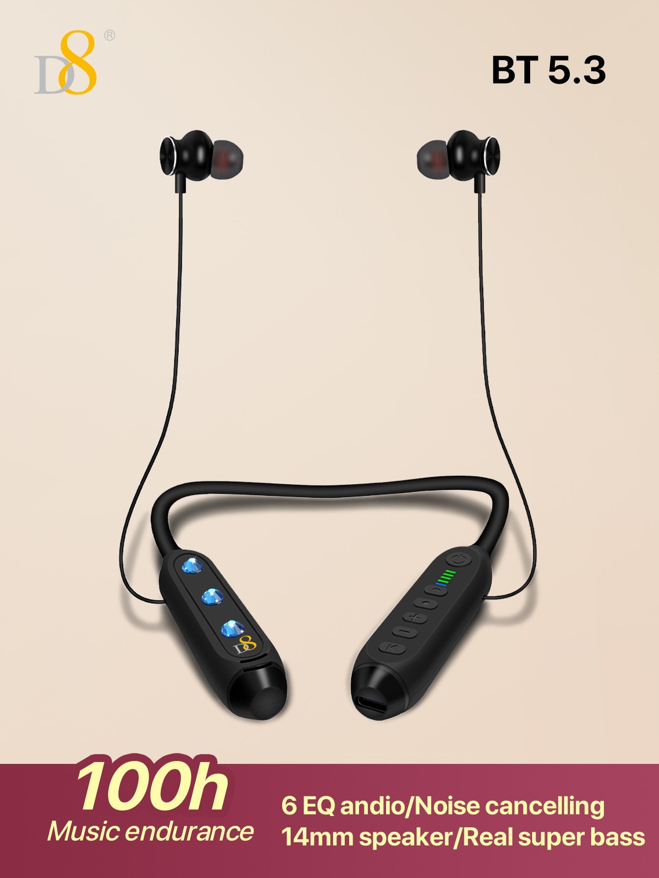 D8 Around The Neck Headphones ,100 Hours Extra Long Playback with Microphone Headset, Balanced Armature Drivers Stereo in Ear Wireless Headphones, Waterproof Workout Magnetic Neckband Earphone D8 Wireless Headphones Around Neck with Mic  Long Battery Life