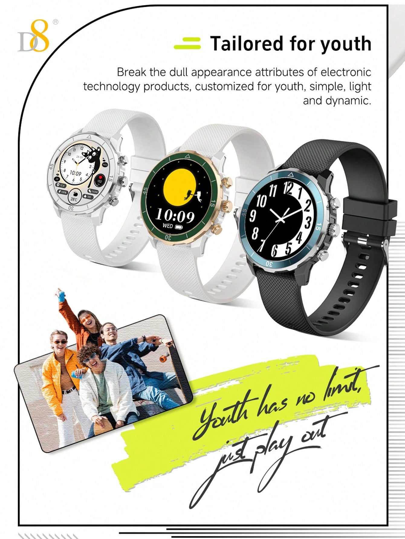 D8 Smartwatch 1.27" IP68 Sports Tracker for Android & iPhone - 100 Modes