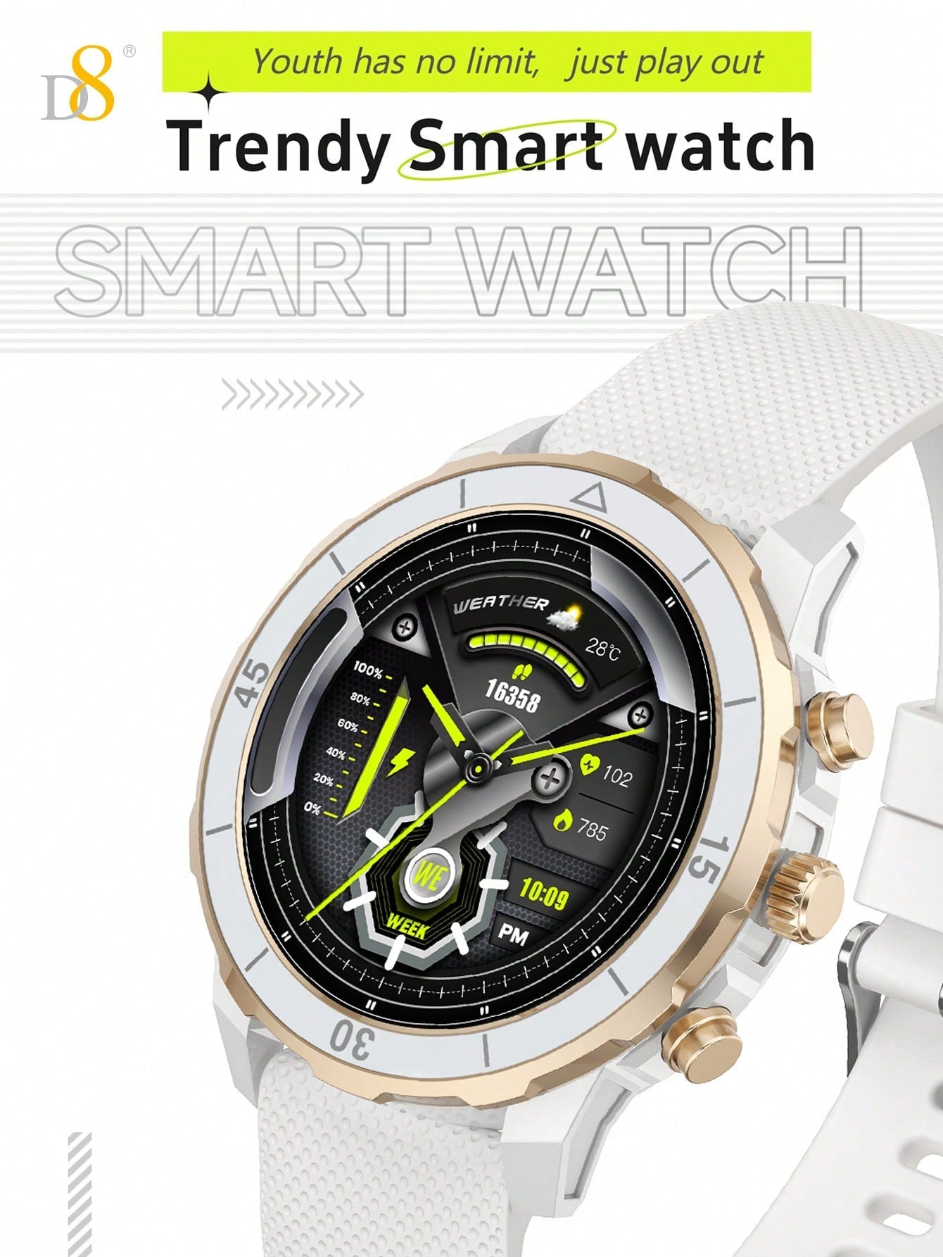 D8 Smartwatch 1.27" IP68 Sports Tracker for Android & iPhone - 100 Modes