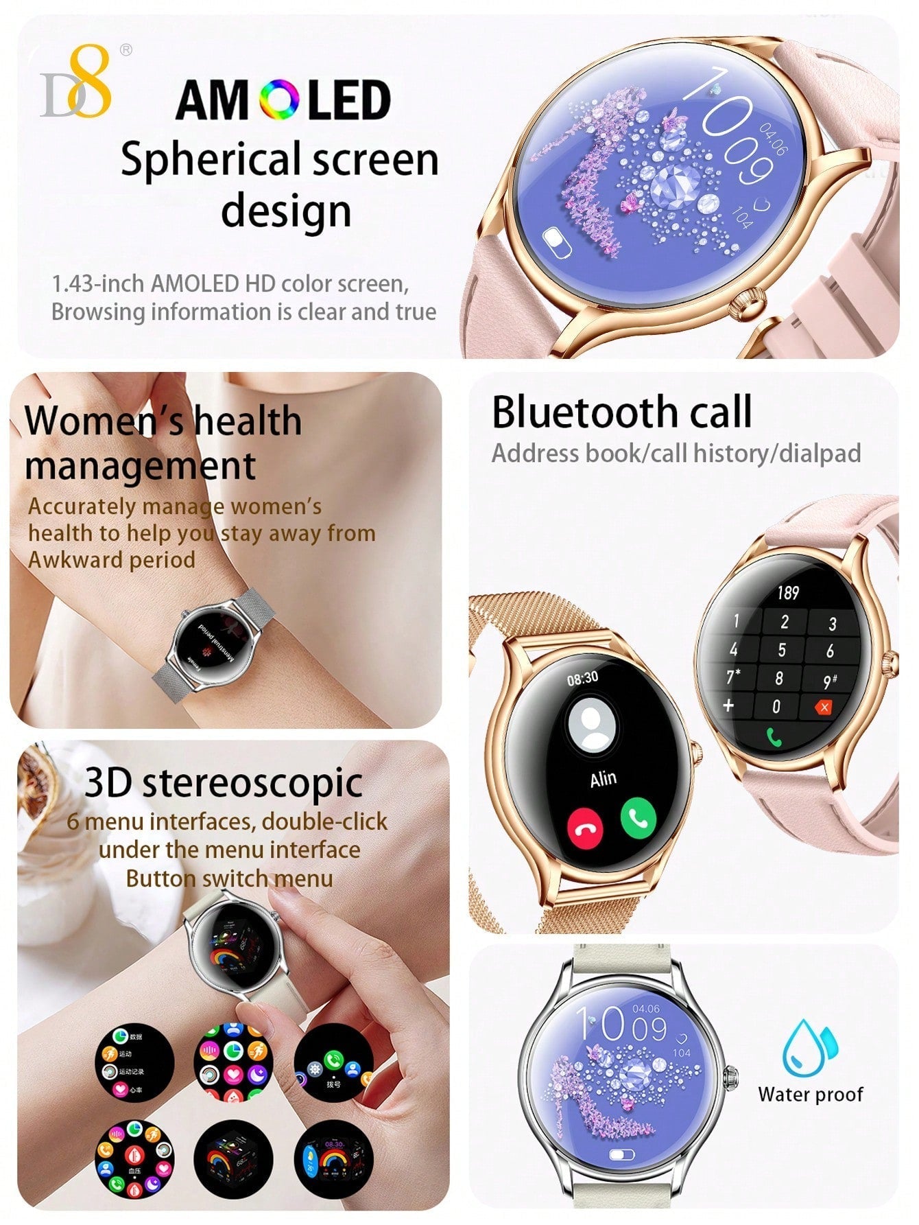 D8 Women's Smartwatch, 1.43" AMOLED, Calls, Fitness Tracker, 100+ Sports